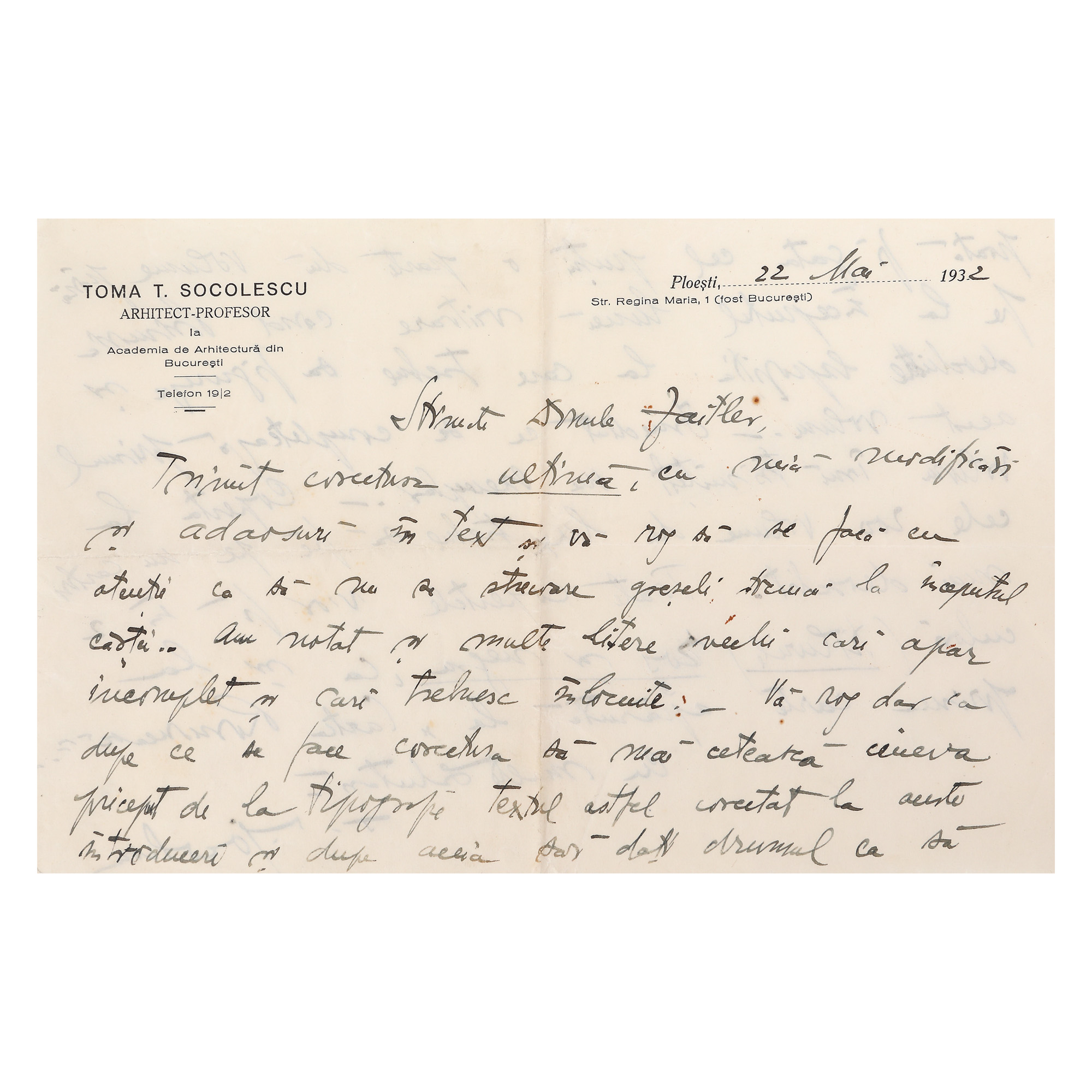 Letter sent by architect Toma Socolescu, Ploiești, May 22nd, 1932, with handwritten signature
