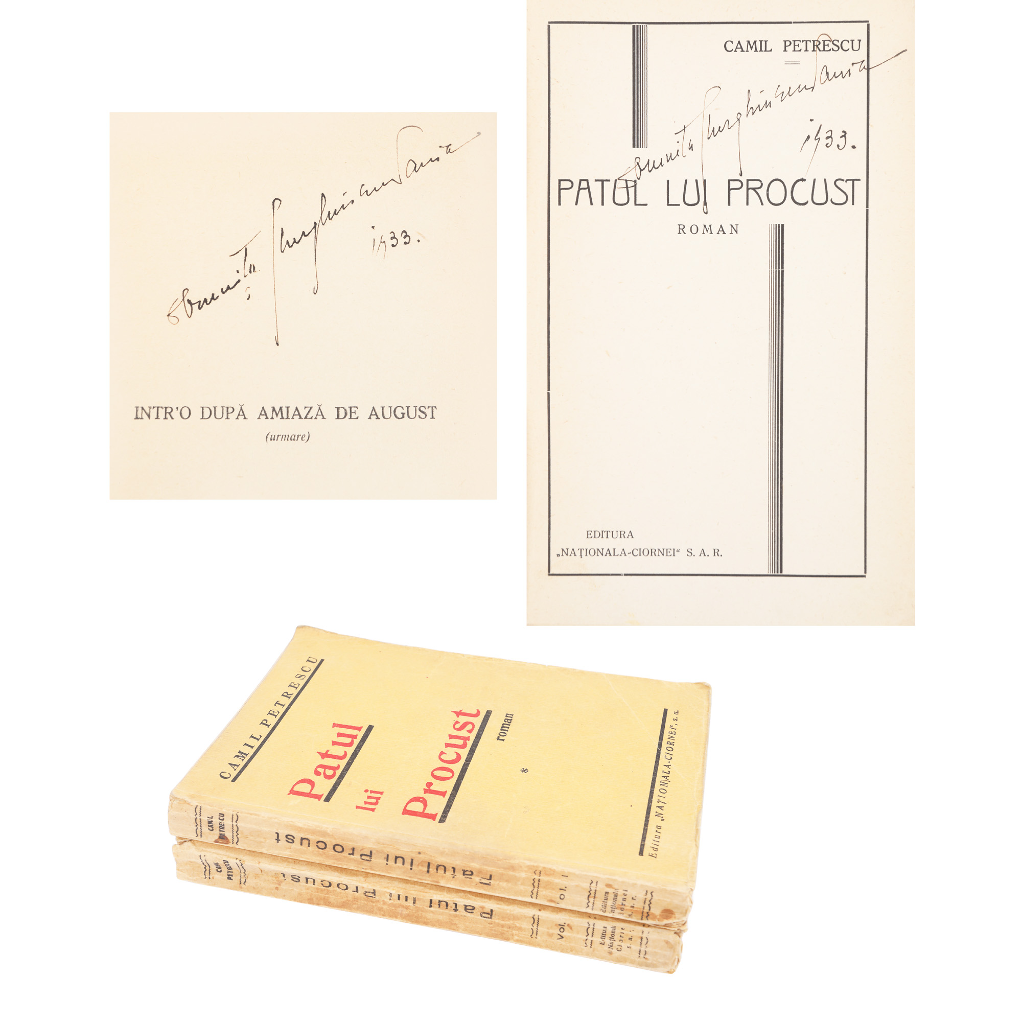 "Patul lui Procust" ("The bed of Procrustes"), by Camil Petrescu, editio princeps, two volumes, Bucharest, 1933, comes from the collection of writer Vania Gherghinescu