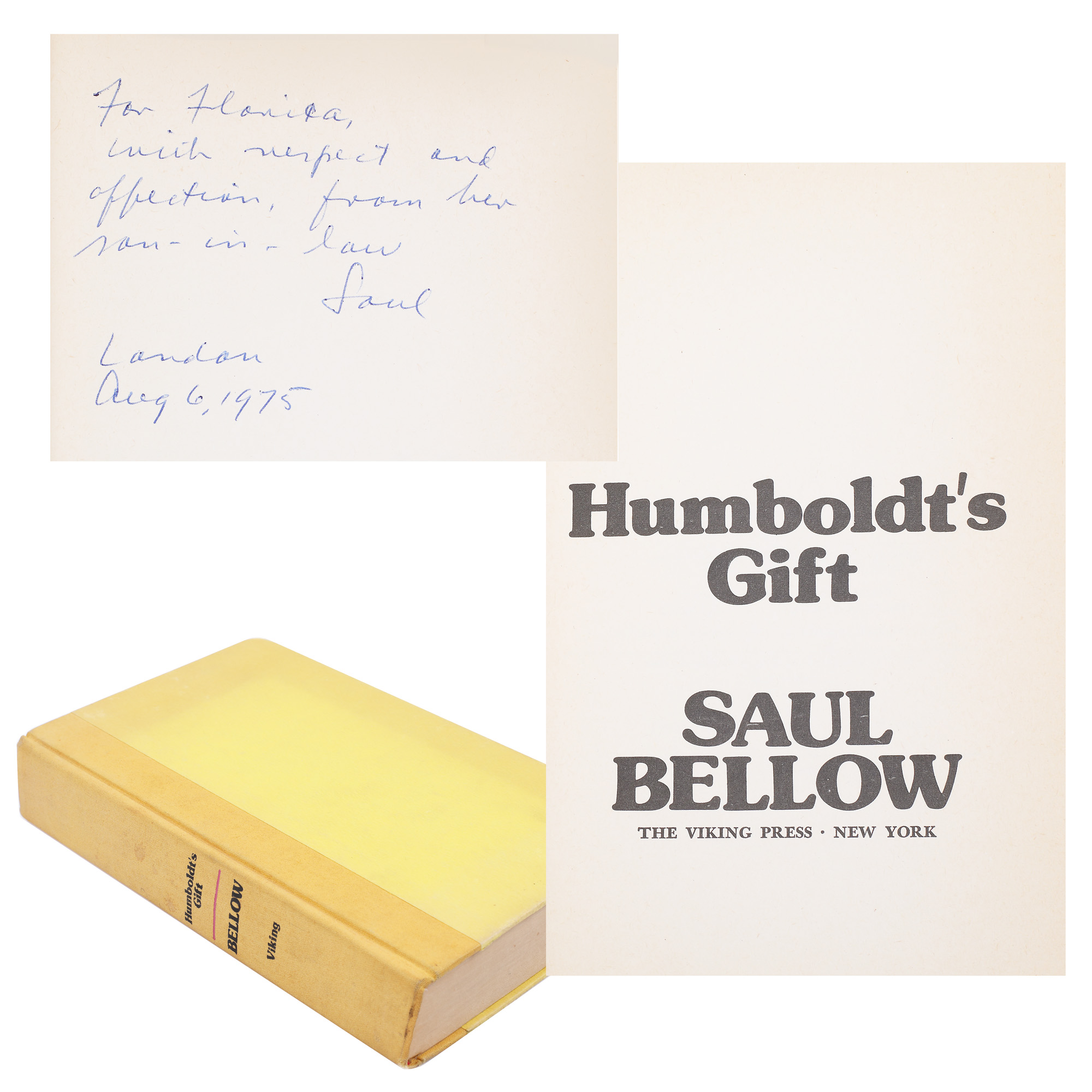 "Darul lui Humboldt" ("Humboldt's Gift") by Saul Bellow, the editio princeps of the Pulitzer Prize winning novel, 1975, New York, with the dedication of the author to Florica Bagdasar, the mother of his wife, comes from the collection of writer Vania Gherghinescu 