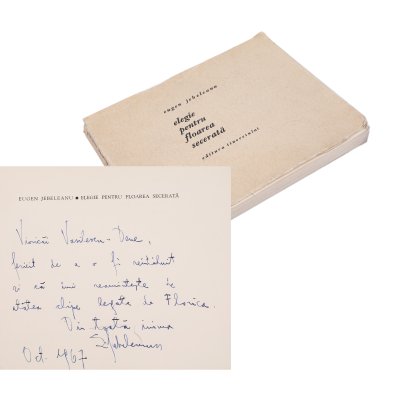 "Elegie pentru floarea secerată" ("Elegy for the cut-down flower"), by Eugen Jebeleanu, Bucharest, 1967, with a dedication and the handwritten signature of the author to Viorica Vasilescu-Dene