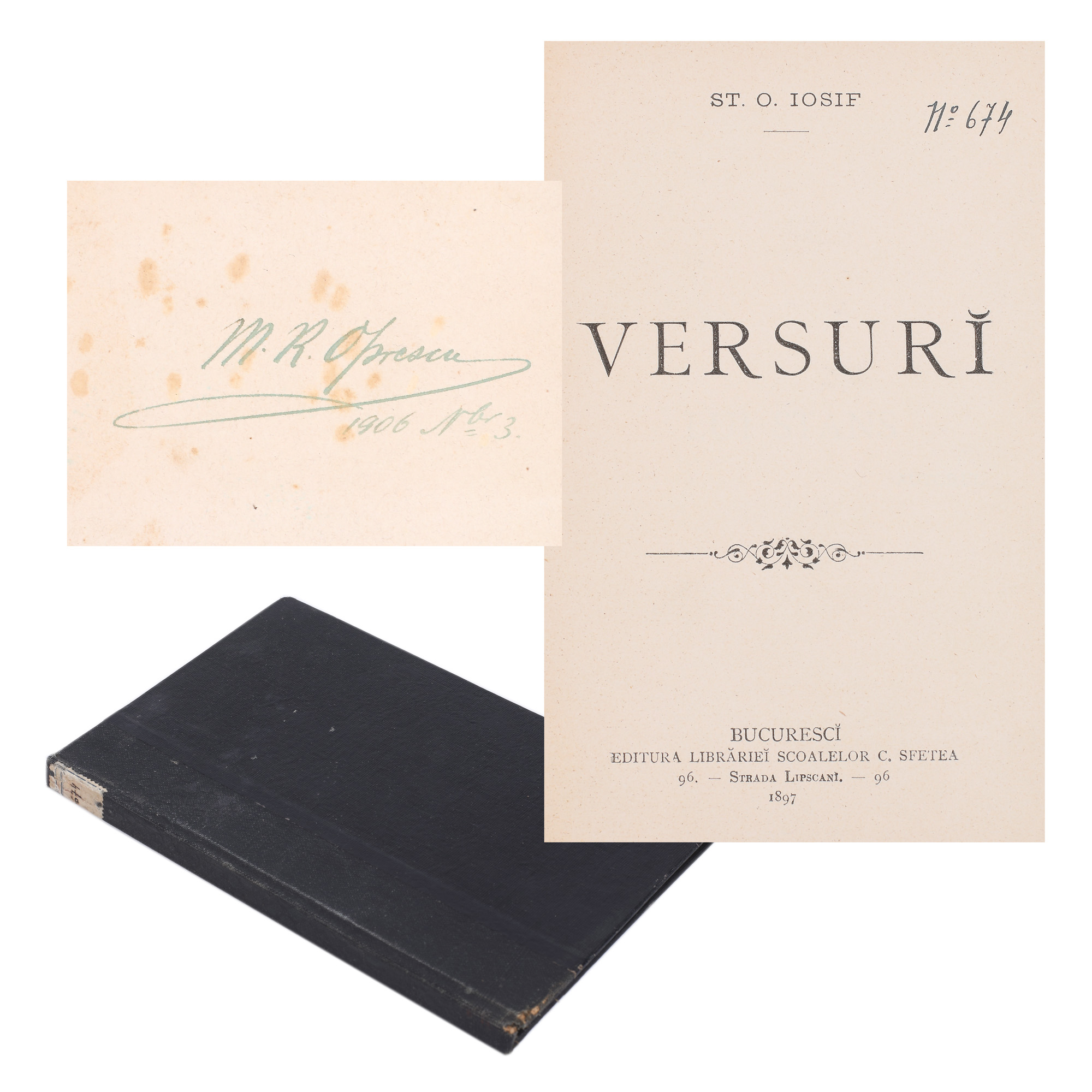 ”Versuri”, de Ștefan Octavian Iosif, ediție princeps, București, 1897, cu ex-libris