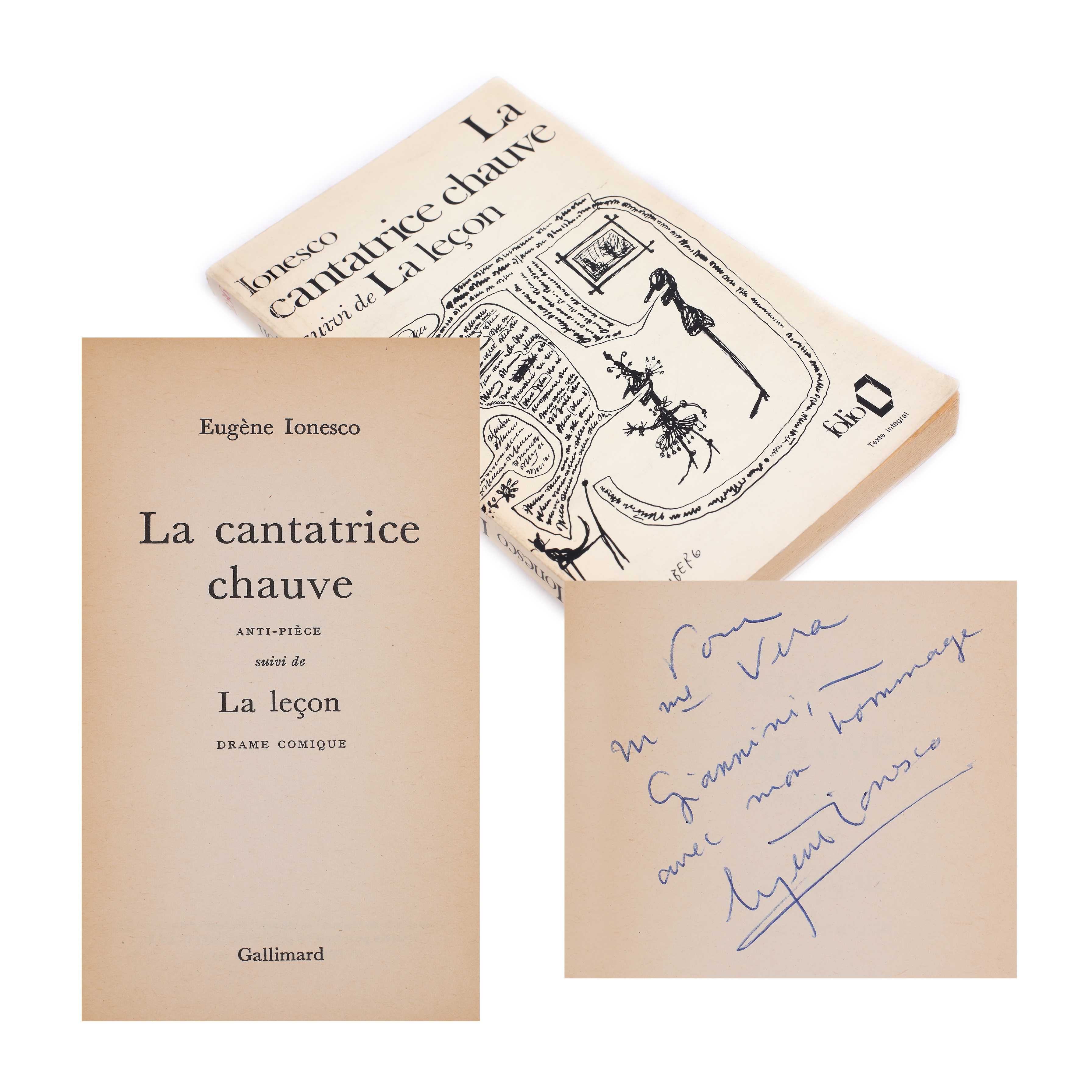 ”Cântăreața cheală. Lecția”, de Eugen Ionescu, franceză, Paris, 1954, cu dedicația și semnătura olografă a autorului