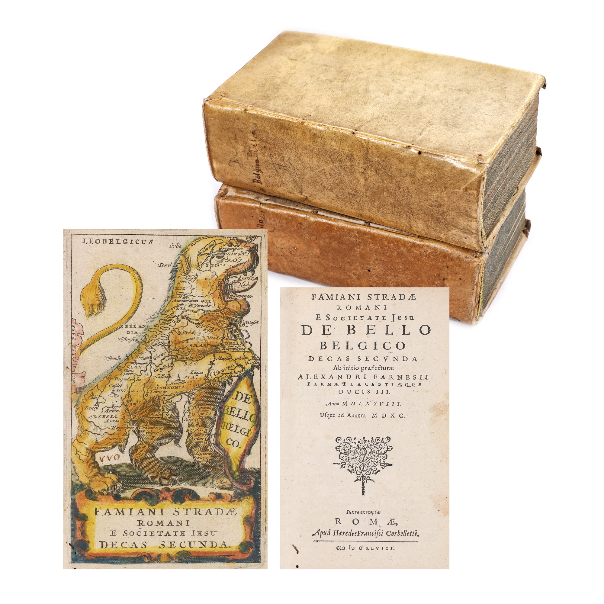 ”De Bello Belgico", de Famianus Strada, două volume, latină, Roma, 1628, cu două hărți și 24 de gravuri