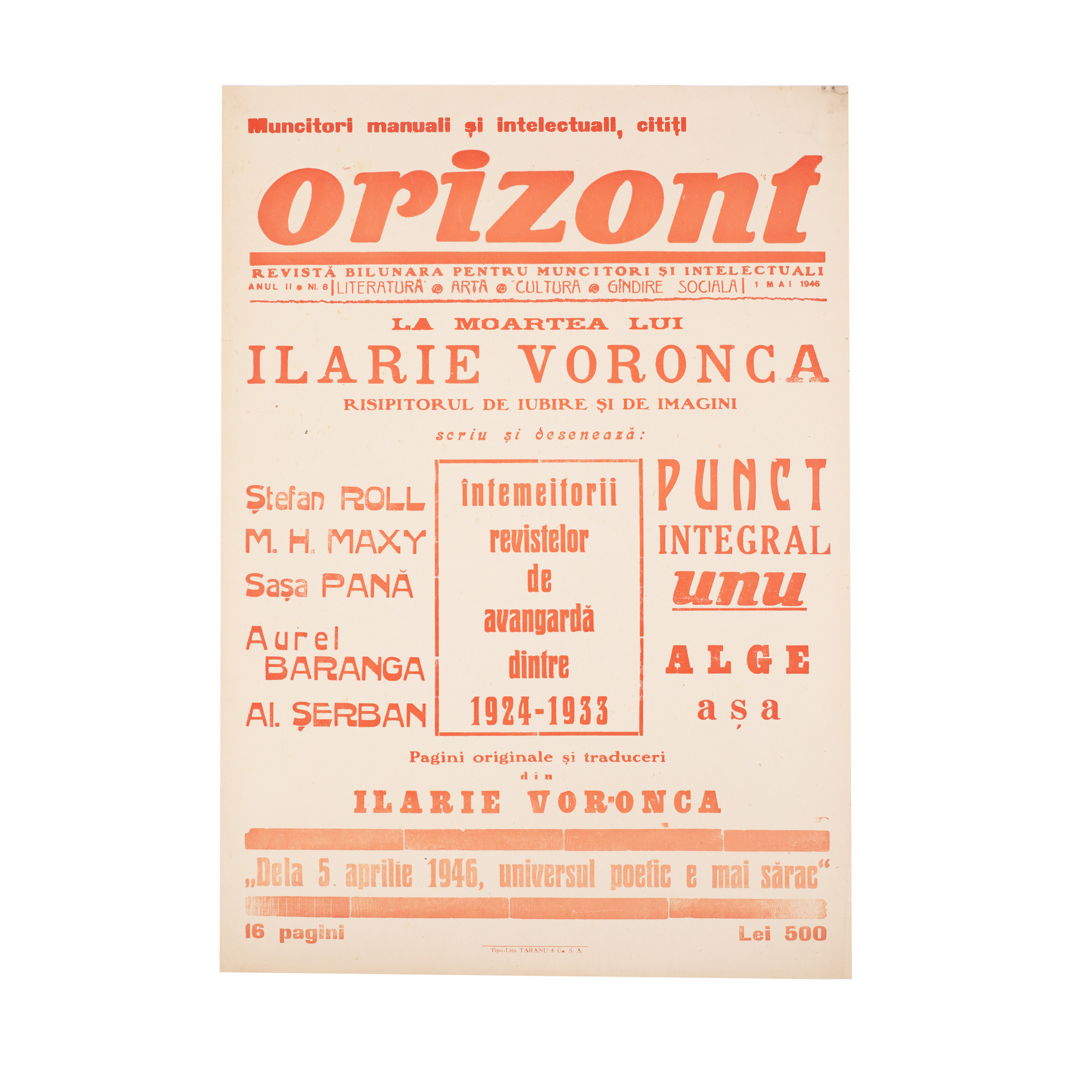 Afișul revistei ”Orizont”, număr dedicat morții lui Ilarie Voronca, 1 mai 1946, raritate, provine din colecţia Saşa Pană