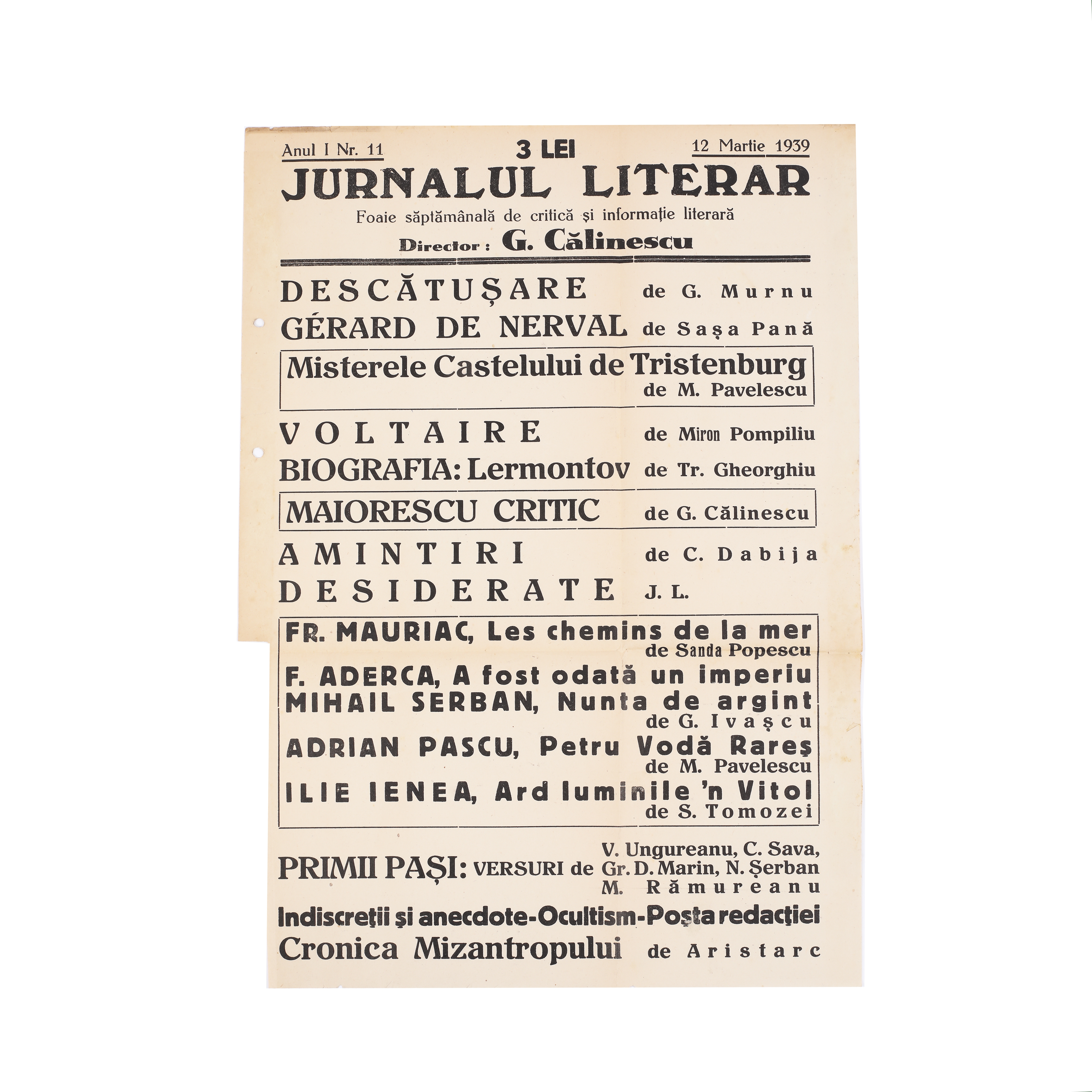 Afișul revistei ”Jurnalul Literar”, 12 martie 1939, redactor șef George Călinescu, provine din colecţia Saşa Pană