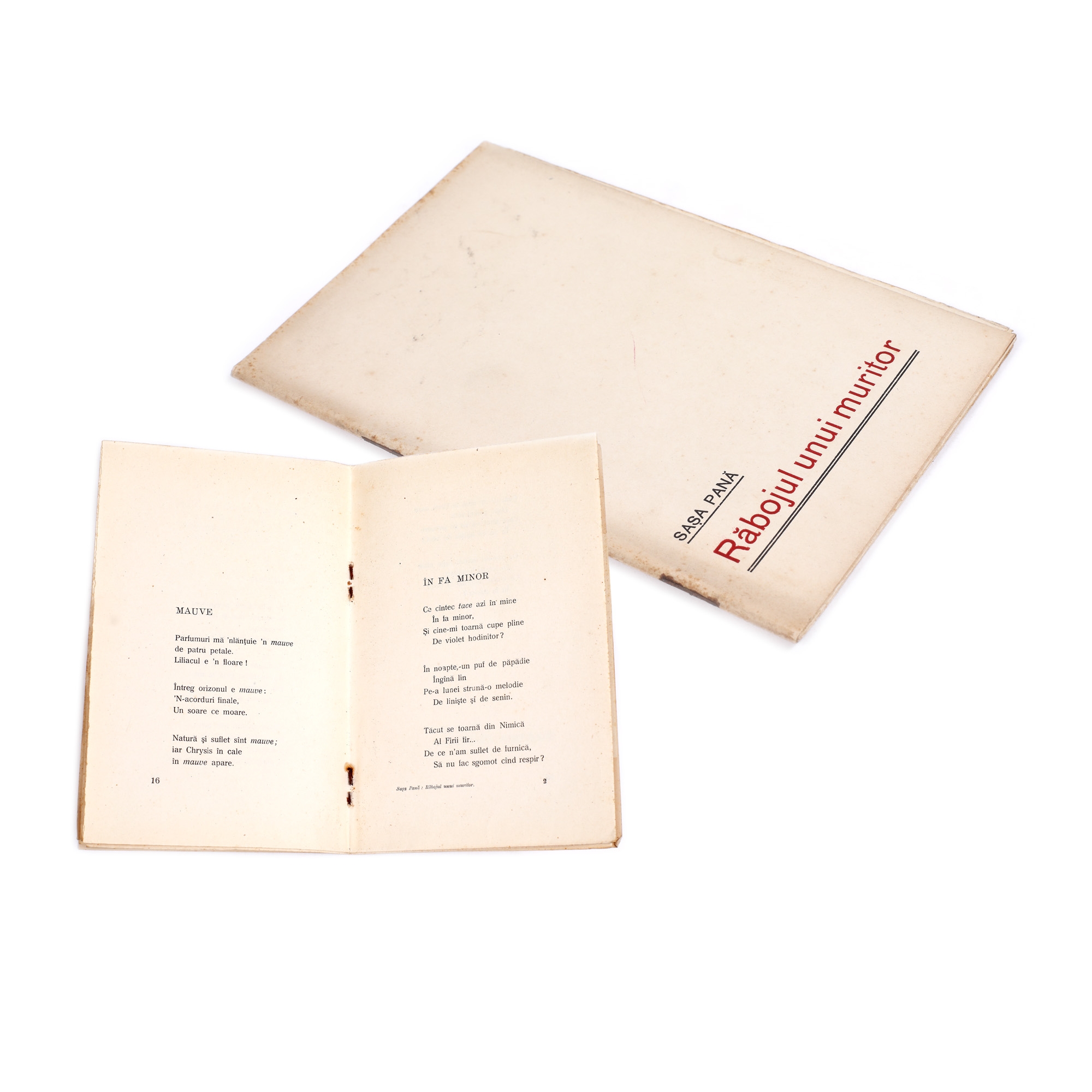 "Răbojul unui muritor", by Sașa Pană, Bucharest, 1926, debut volume, copy with uncut pages, comes from the collection of the avant-garde poet Sașa Pană