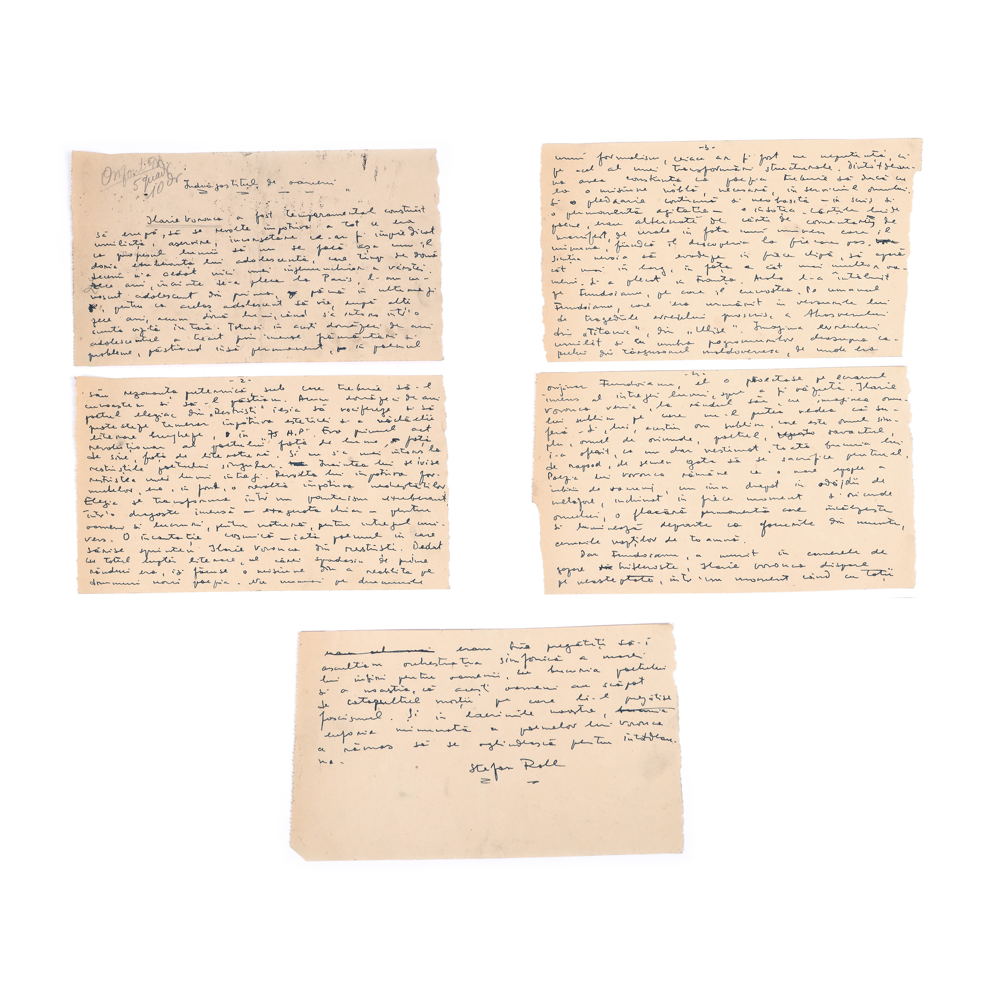 Manuscris ”Îndrăgostitul de oameni” (la moartea lui Ilarie Voronca), de Ștefan Roll, apărută în revista ”Orizont”, nr. 8, cu semnătură, provine din colecția poetului avangardist Sașa Pană, piesă rară, de colecție (5 file)