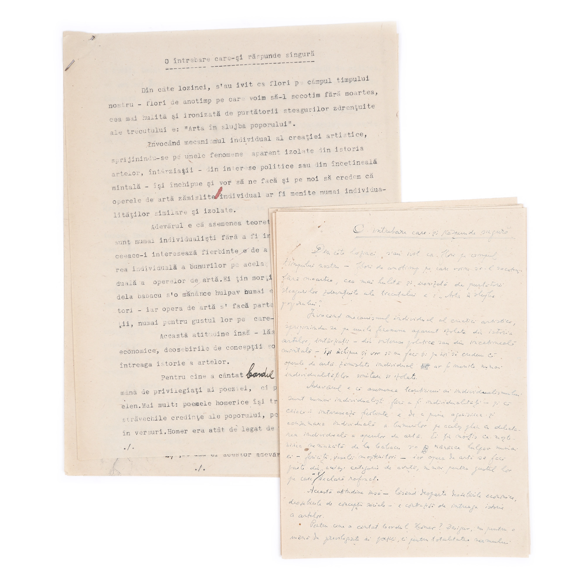 Batch consisting of manuscript and proof page "O întrebare care-și răspunde singură" ("A question that answers itself"), by Felix Aderca, with the handwritten signatures of the author, comes from the collection of the avant-garde poet Sașa Pană (5 pages)