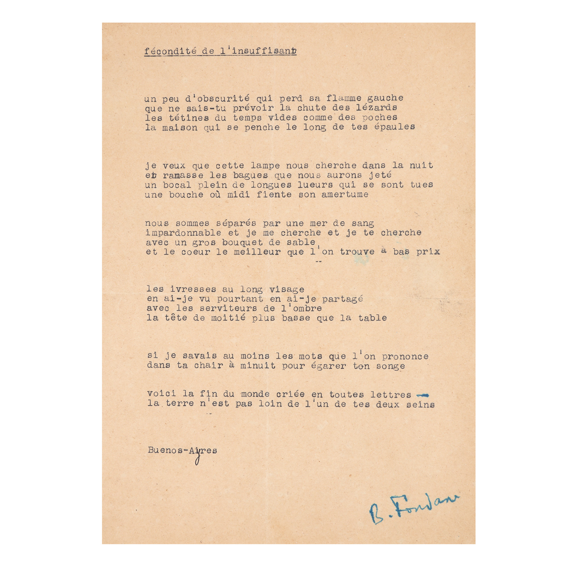 Manuscrisul dactilografiat ”Fecondité de l'insuffisant”, de Benjamin Fundoianu, cu semnătură olografă, provine din colecția poetului avangardist Sașa Pană