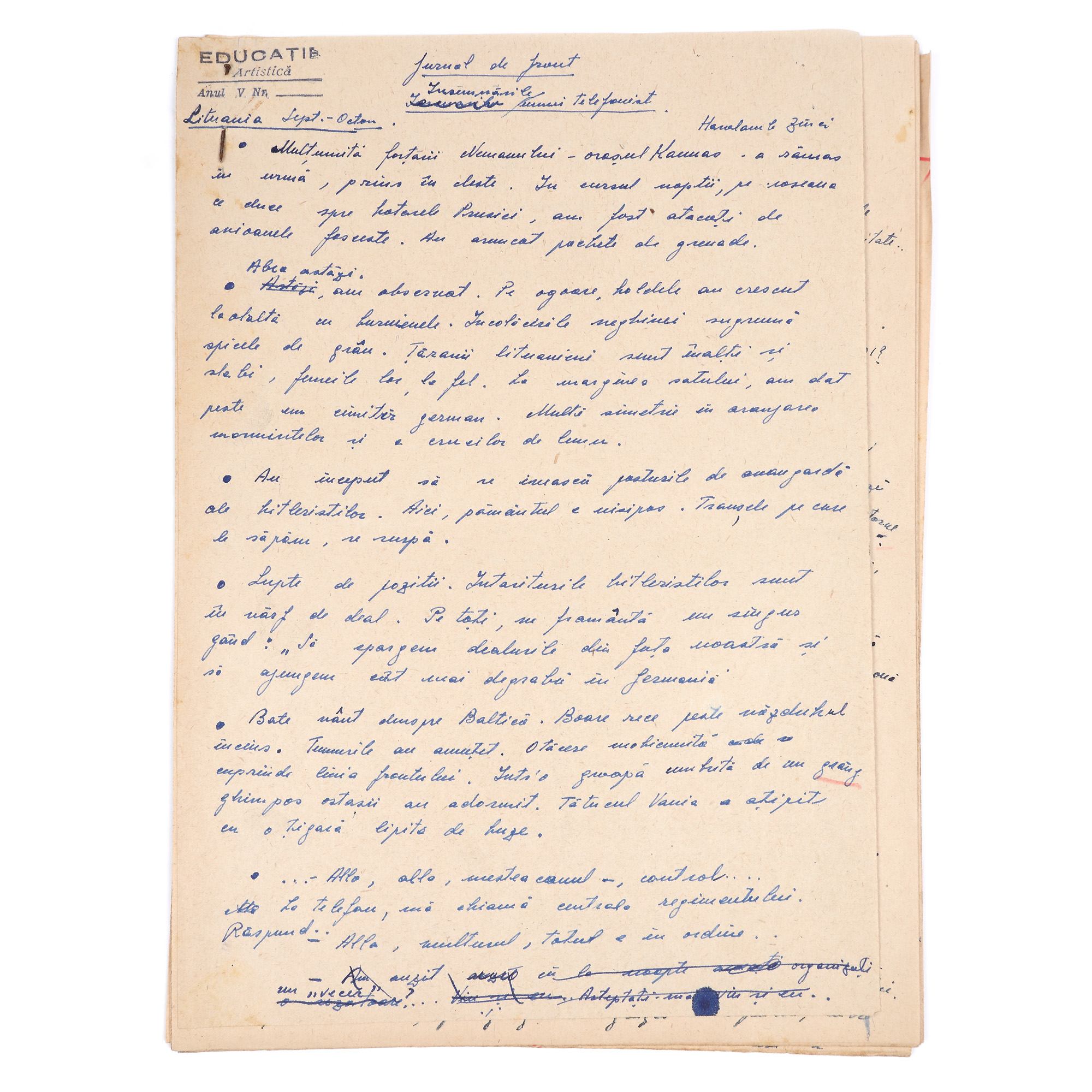 Manuscris ”Jurnal de front. Însemnările unui telefonist”, de Haralamb Zincă, cu semnătură olografă, provine din colecția poetului avangardist Sașa Pană (10 file)
