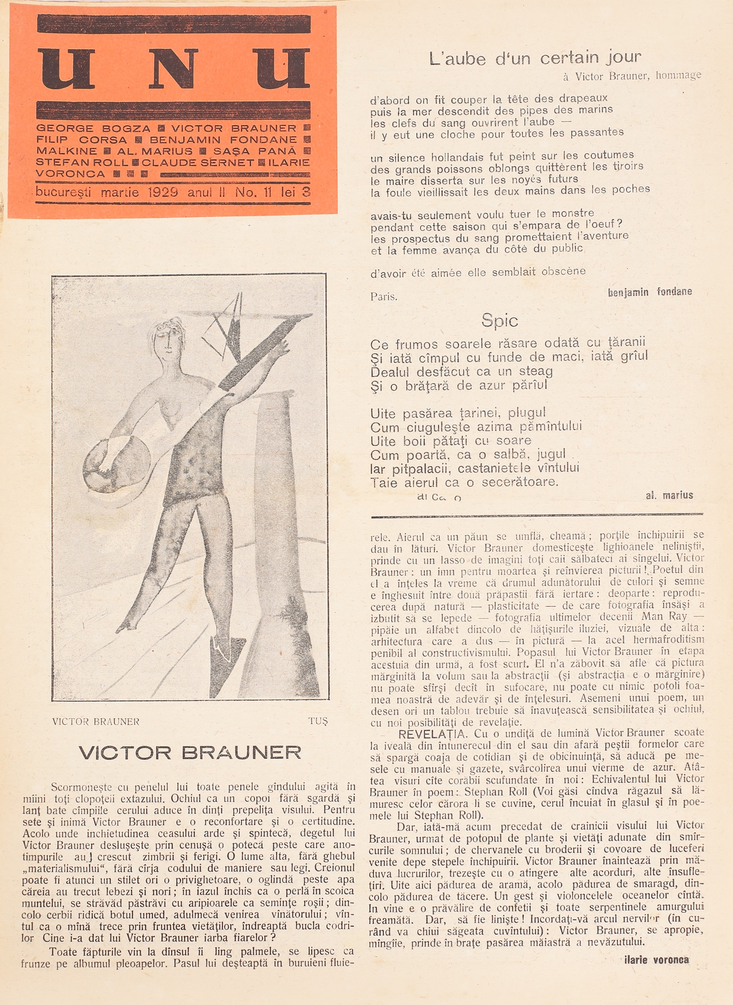 The magazine "Unu" ("One"), year II, issue 11, 1929, comes from the collection of the avant-garde poet Sașa Pană