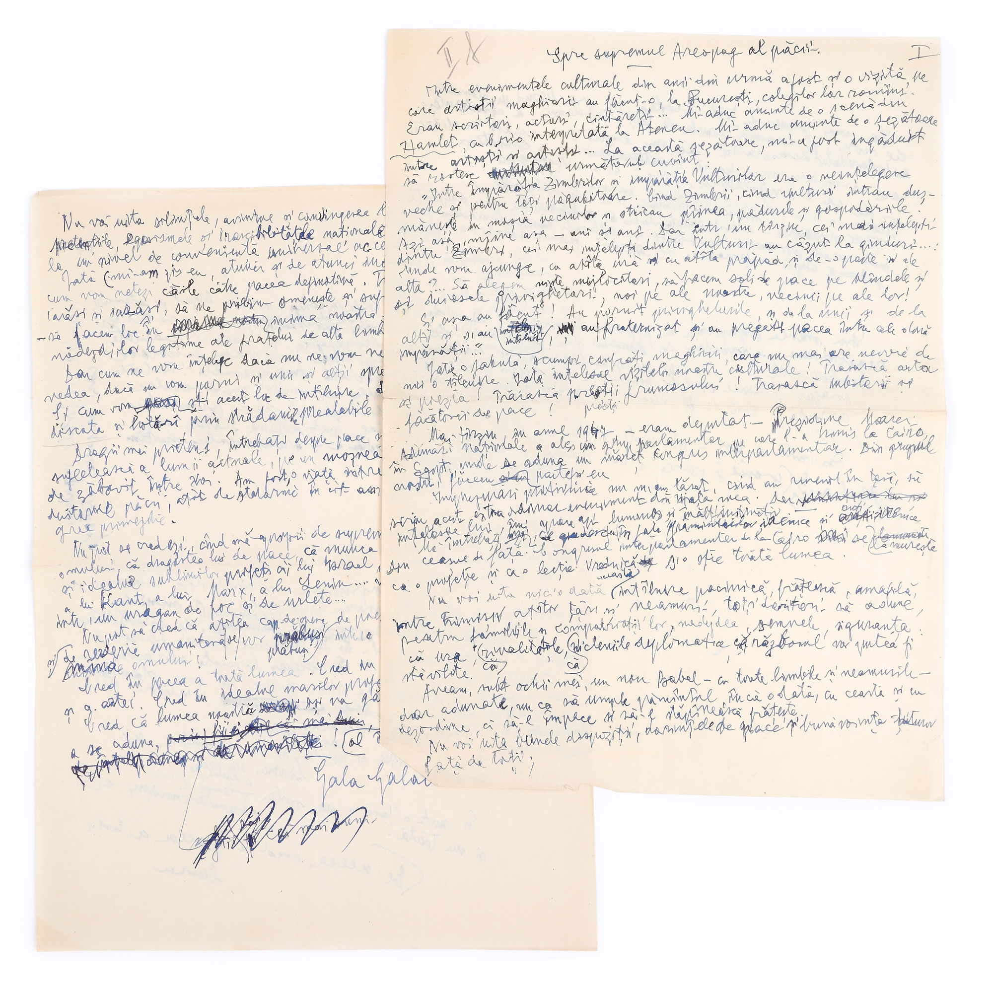 Manuscript "Spre supremul Aeropag al păcii" ("Toward the Supreme Areopagus of Peace"), by Gala Galaction, with a handwritten signature, comes from the historical collection Șerban Ţuculescu-Maria Galaction (2 pages)