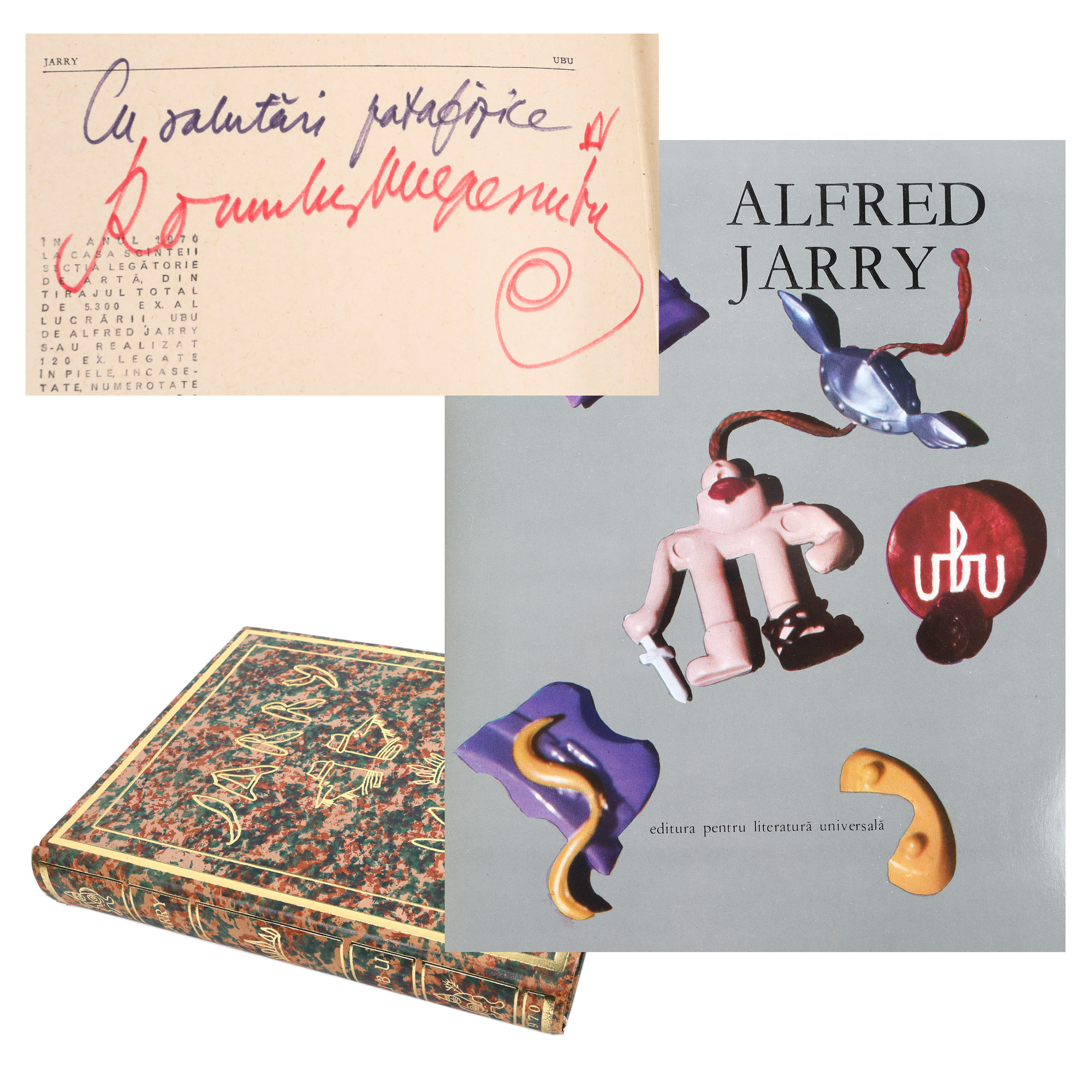 "Ubu Rege" ("Ubu Roi"), by Alfred Jarry, translated by Romulus Vulpescu, Bucharest, 1970, bibliophile edition, with the original etui and the handwritten signature of the translator