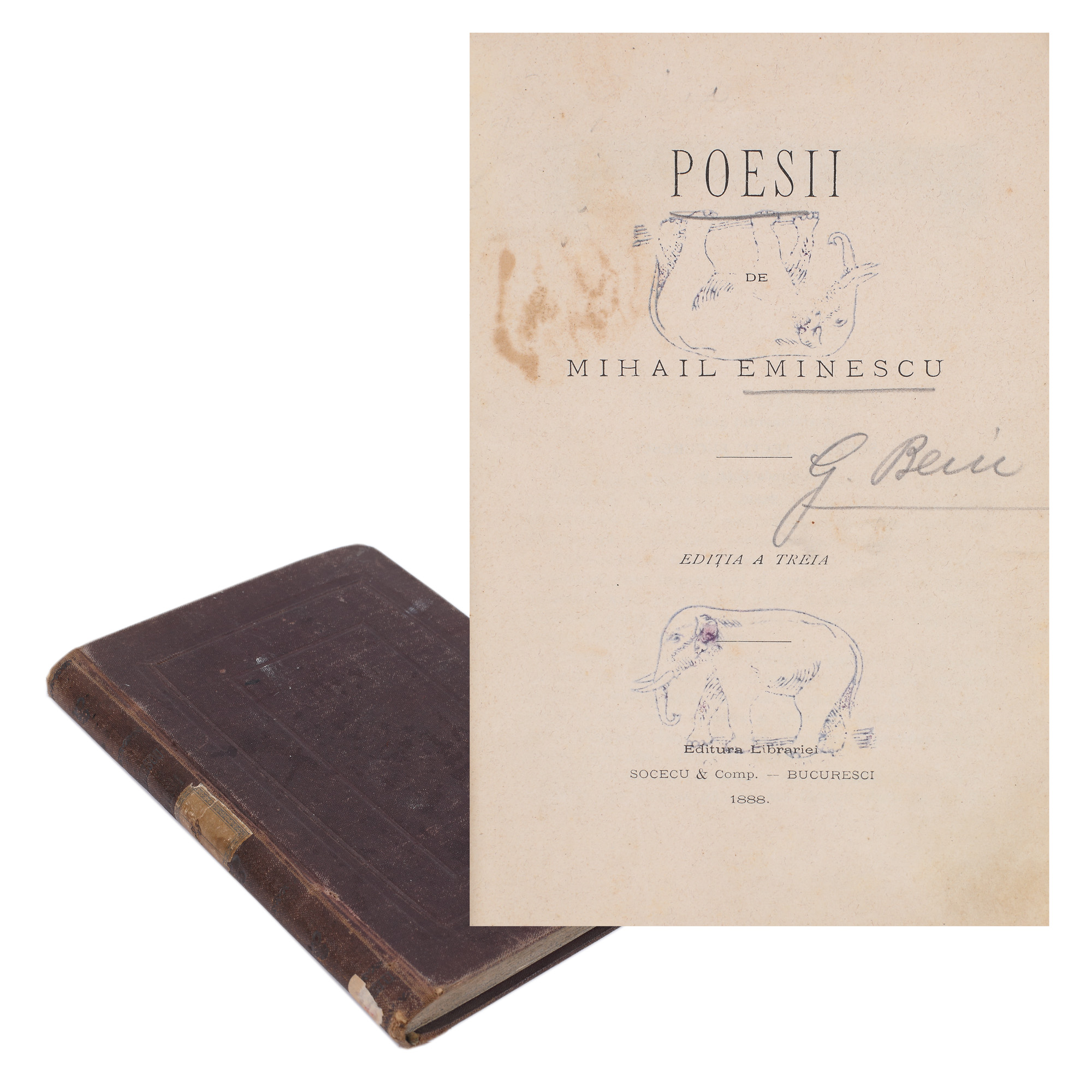 "Poesii" ("Poems"), by Mihai Eminescu, Bucharest, 1888, includes three new poems: "La steaua" ("To the star"), "De ce nu-mi vii" ("Why don’t you come to me") and "Kamadeva", with ex-libris
