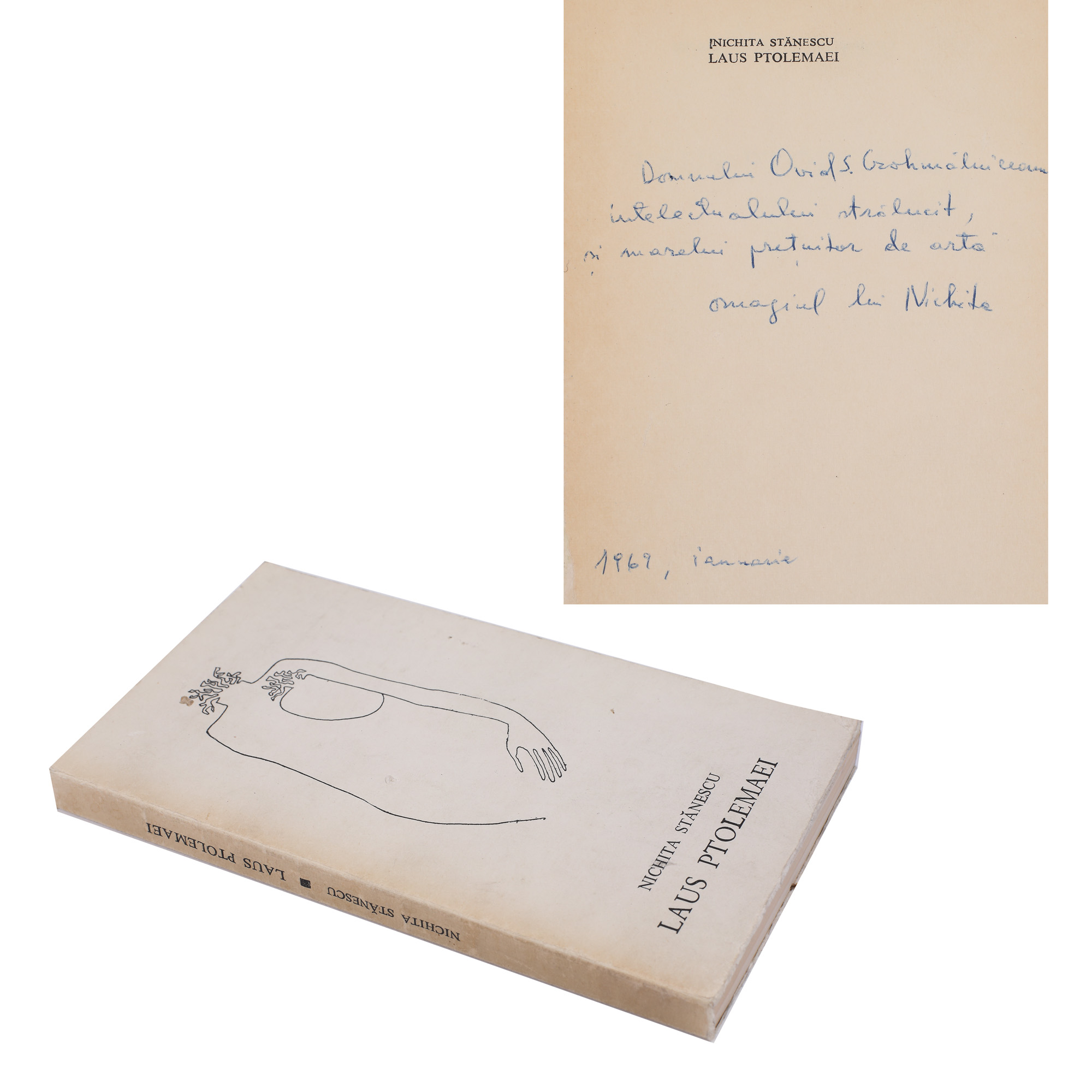 ”Laus Ptolemaei”, de Nichita Stănescu, București, 1968, cu omagiul autorului către criticul literar Ovid S. Crohmălniceanu