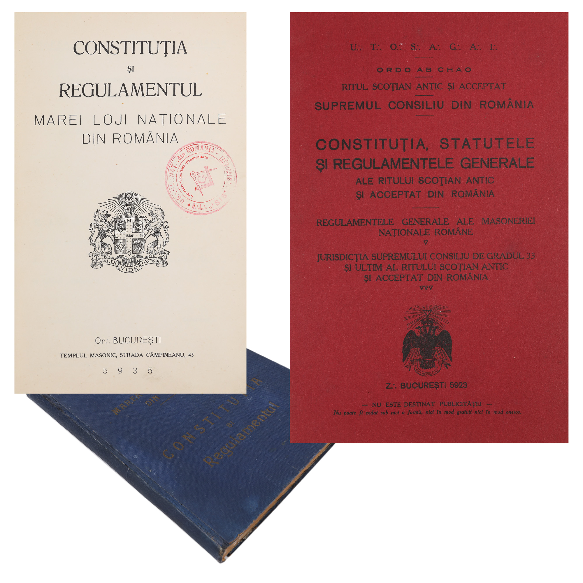 "Constituția și Regulamentul Marei Loji Naționale din România" ("Constitution and Regulation of the Great National Lodge of Romania") collection, Bucharest, 1935, and "Constituția, statutele și regulamentele generale ale ritului scoțian antic și acceptat din România" ("Constitution, statutes and general regulations of the ancient and accepted Scottish rite of Romania") collection, Bucharest, 1923, rare, collector’s item