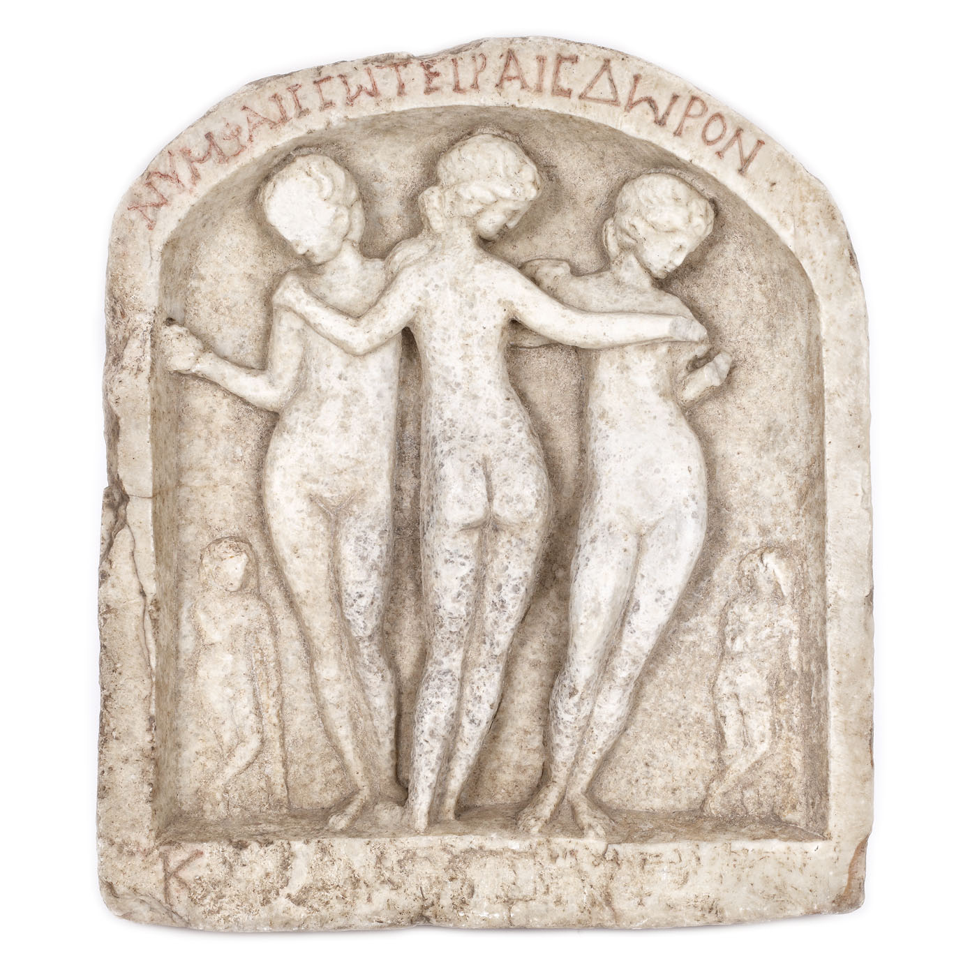 Marble votive relief illustrating the "The Three Graces", the Roman period, the 2nd century BCE, from the collection of diplomat Vasile Stoica 