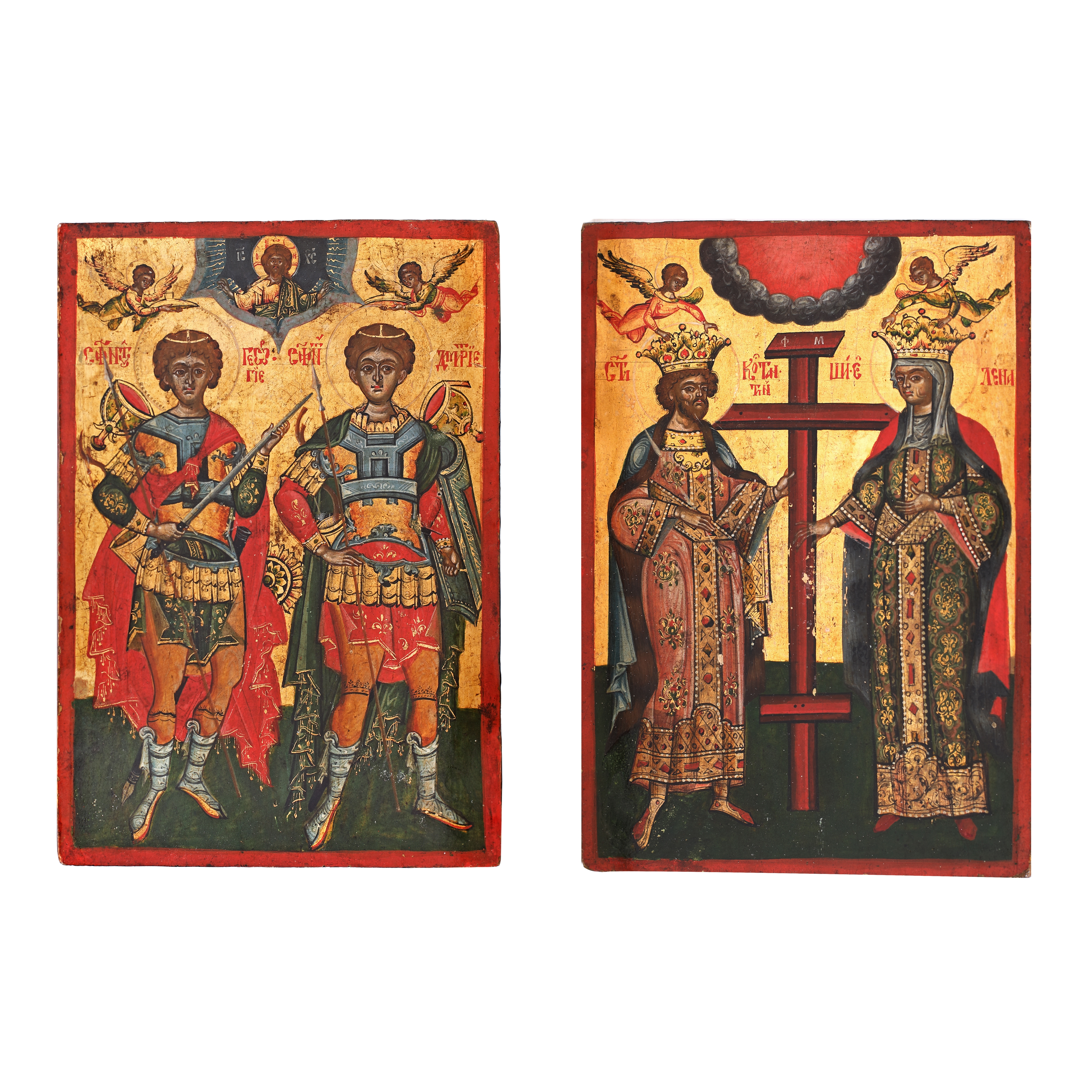 Icoană dublă prăznicar, ”Sfinții Împărați Constantin și Elena” și ”Sfinții Militari Gheorghe și Dimitrie”, Țara Românească, școală brâncovenească, perioada Nicolae Mavrocordat, deceniul al III-lea al sec. XVIII, piesă extrem de rară, de colecție