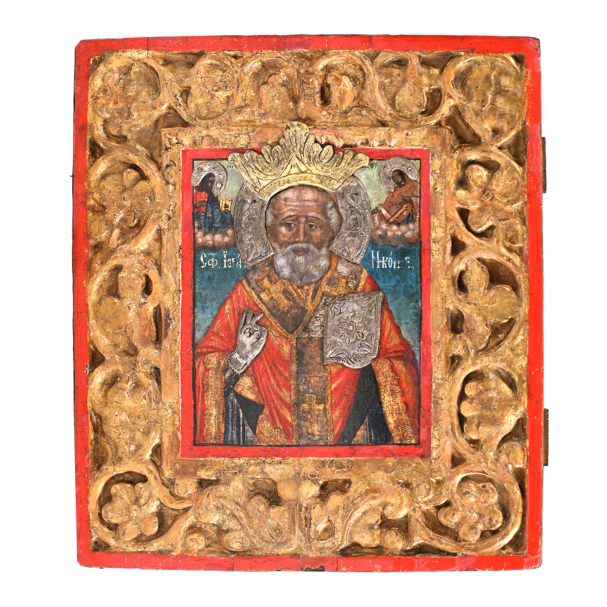 Icon on wood, with wrinkle, "The Holy Hierarch Nicholas", carved frame, Romanian school, early 19th century