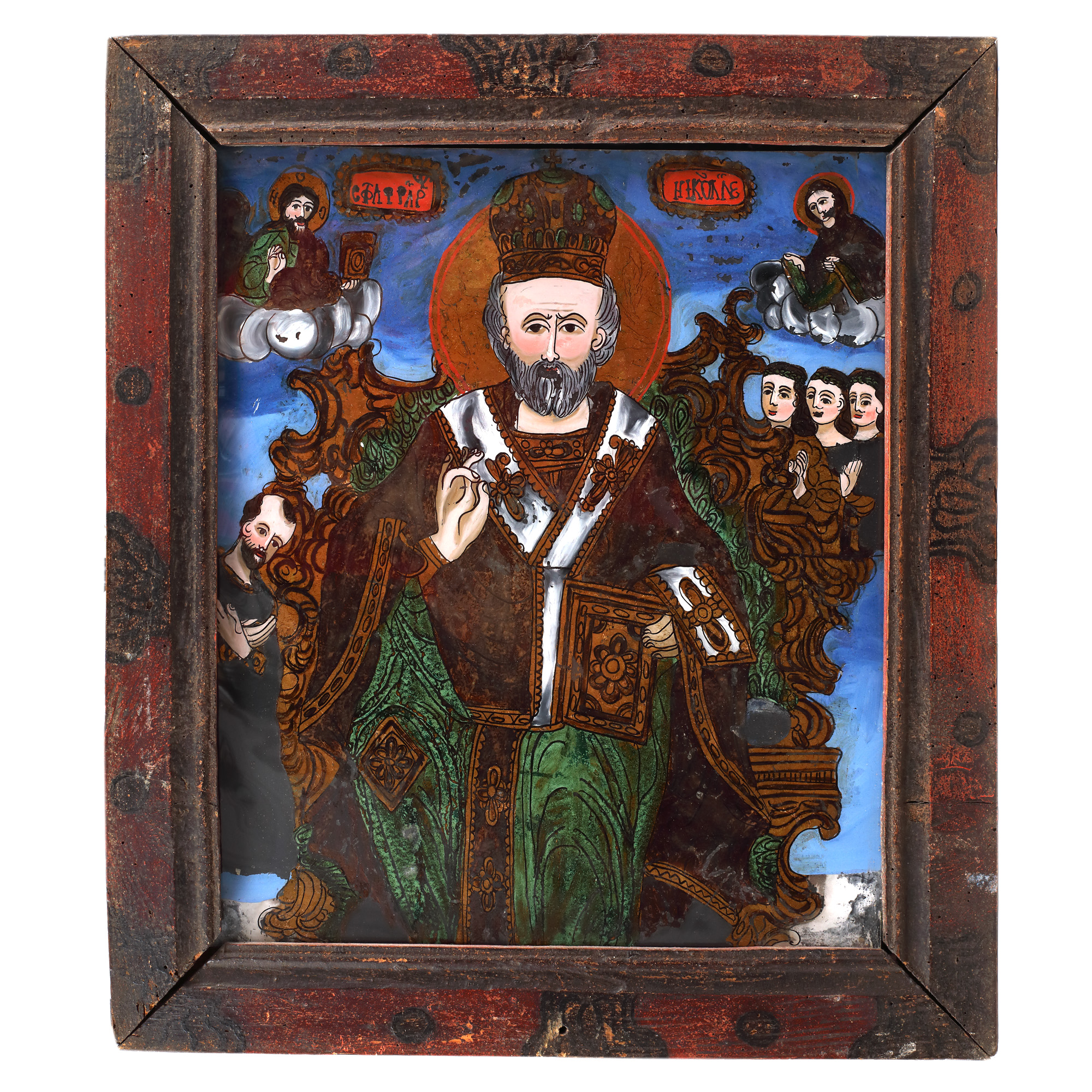Icon on glass, "Saint Nicholas The Miracle Maker on The Throne", painted frame, Morar from Săliște family workshop, probably Ioan Morar, Sibiu, second half of the 19th century