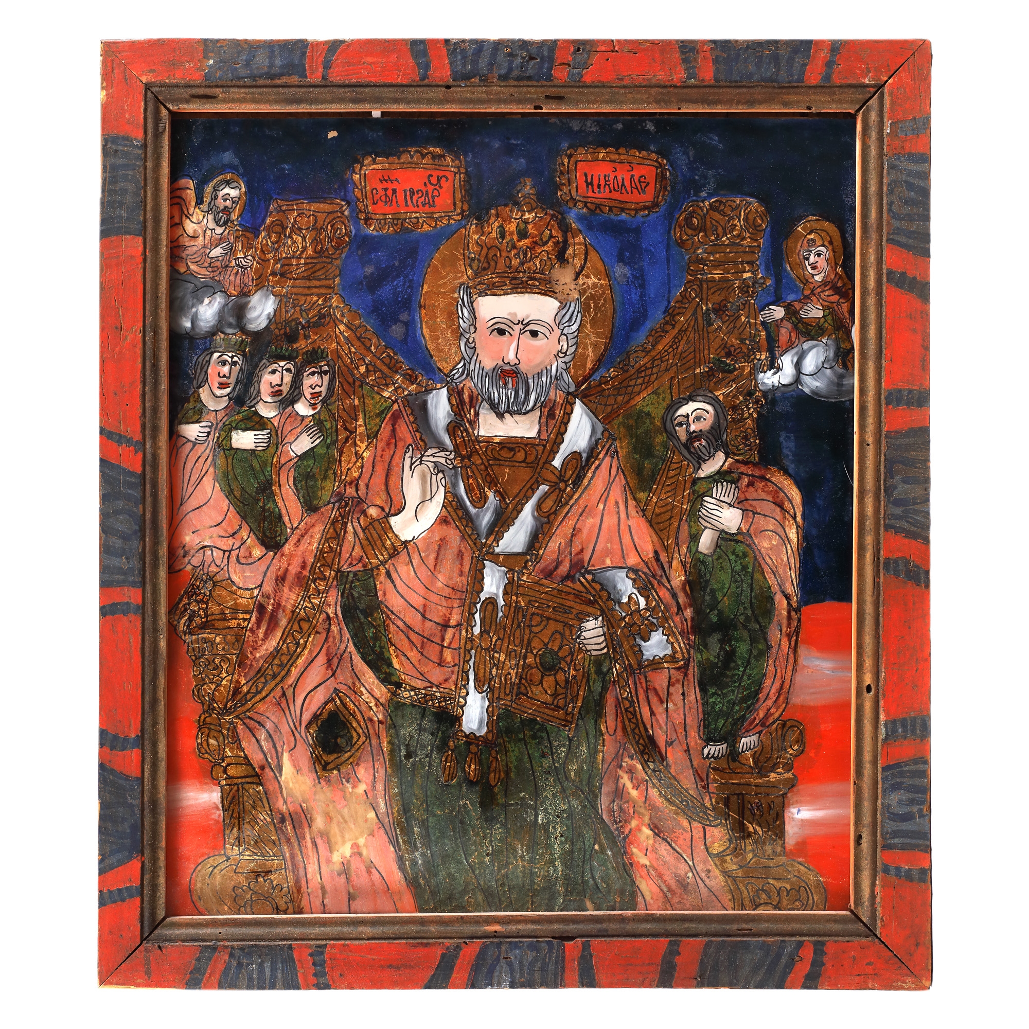 Icoană pe glajă, ”Sfântul Nicolae făcătorul de minuni, tronând”, ramă pictată, atelierul familiei Morar din Săliște, probabil Elena sau Elisabeta Morar, Sibiu, a doua jumătate a sec. XIX