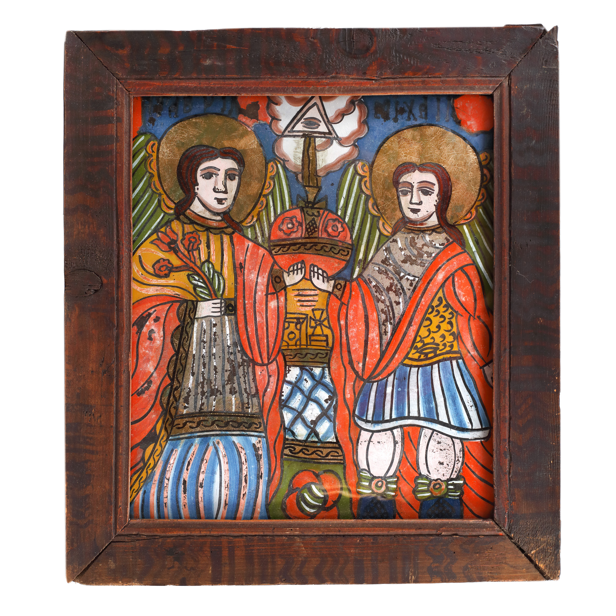 Icoană pe glajă, "Sfinții Arhangheli Mihail și Gavril", atelier din Șcheii Brașovului, a doua jumătate a sec. XIX