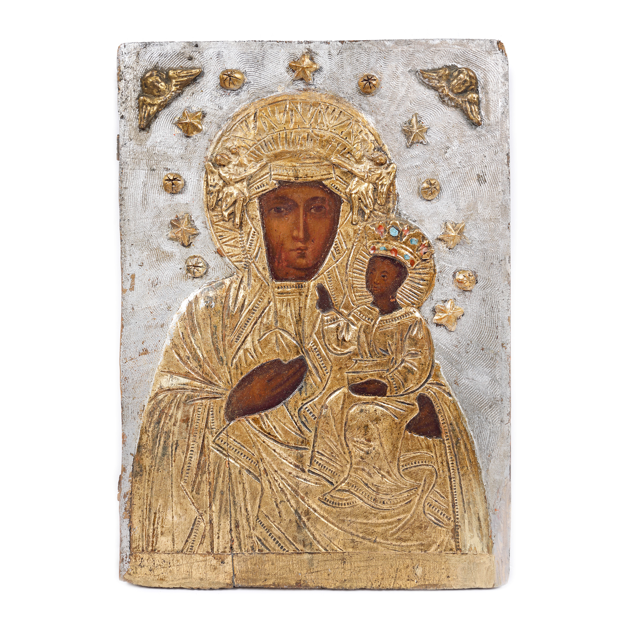 Icon on wood, "Virgin Mary with Christ Child (Black Madonna - Protector of Poland)", Catholic-influenced school, late 19th century