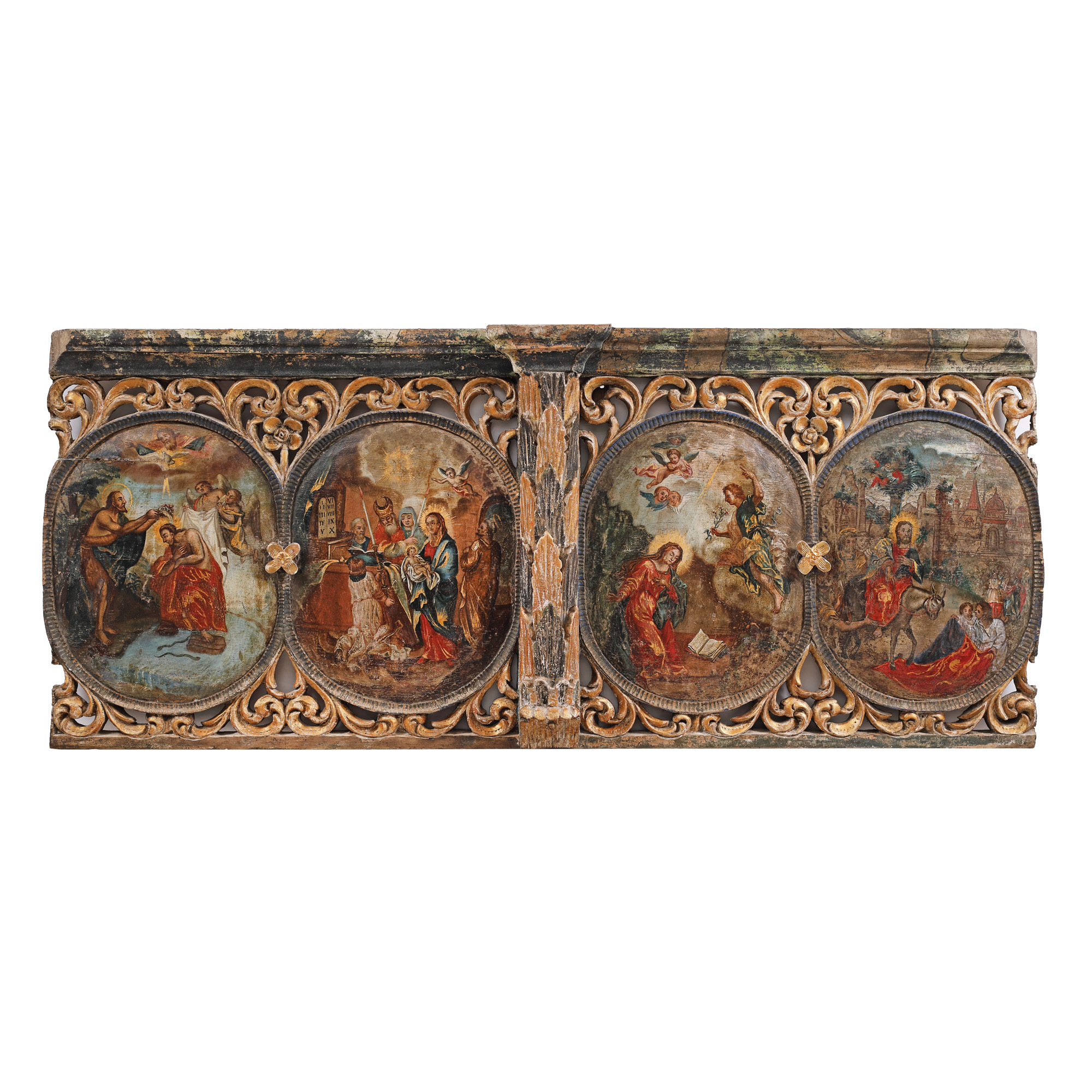 Impressive iconostasis fragment, "Lord's Christening, Presentation at the Temple of the Lord, The Annunciation and Entering Jerusalem (Palm Sunday)", Romanian school, mid-19th century