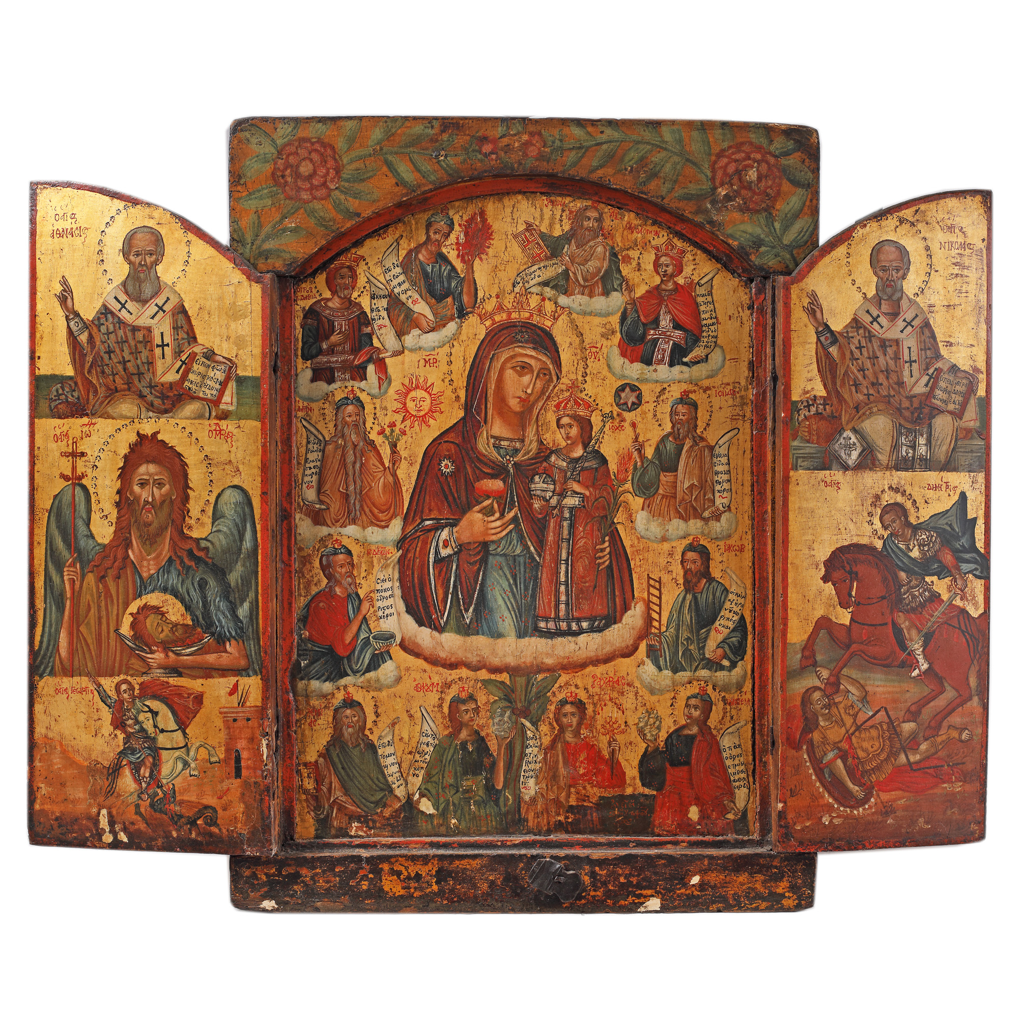 Impresionant triptic, ”Maica Domnului cu Pruncul - Doamna Cerurilor”, școală grecească, 1773, piesă foarte rară, de colecție