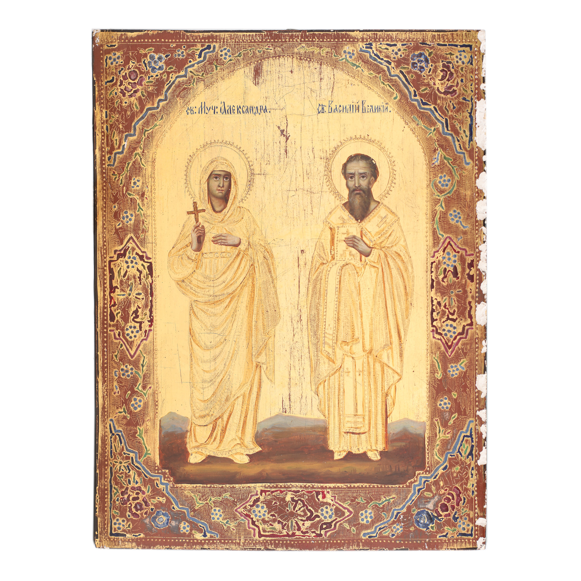 Icon on wood, "Saint Alexandra and Saint Basil", Russian school, second half of the 19th century, rare item