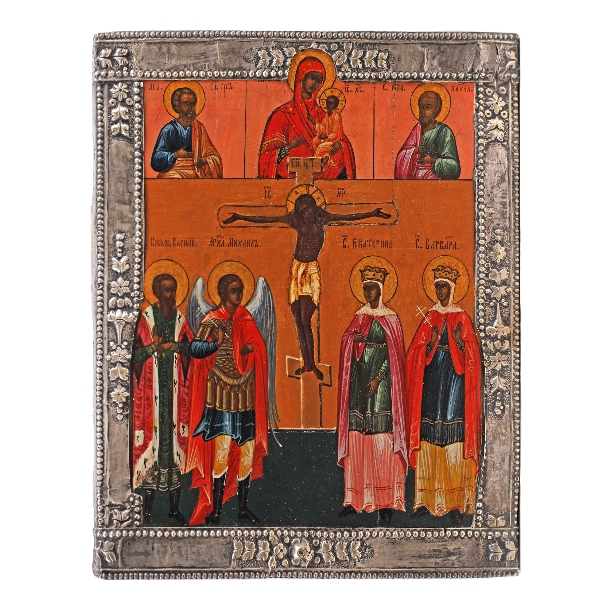 Icoană pe lemn, cu riză, ”Răstignirea Domnului, Sfinții Apostoli Petru și Pavel, Sfântul Vasile, Sfântul Arhanghel Mihail, Sfânta Ecaterina și Sfânta Barbara”, școală rusească, a doua jumătate a sec. XIX