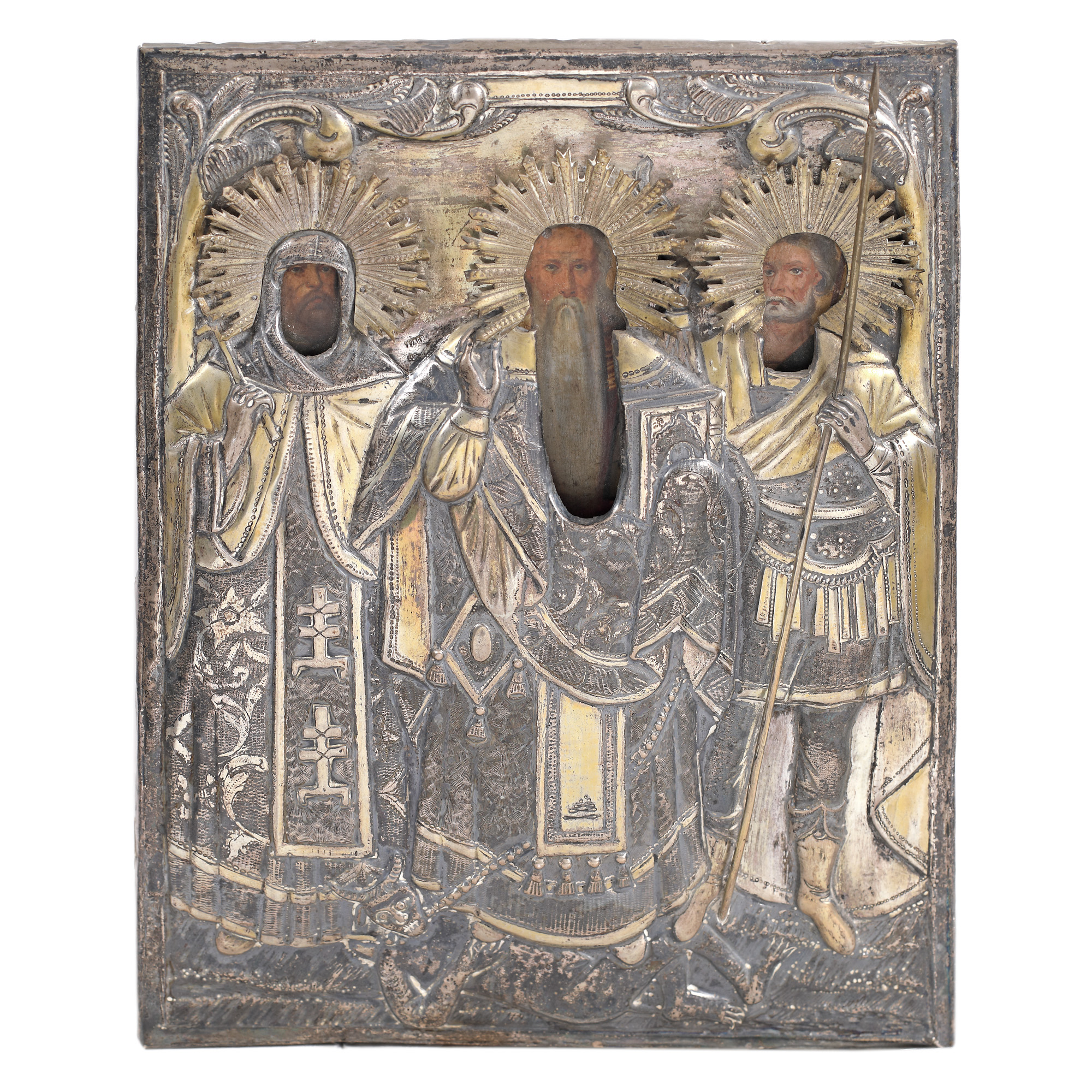Icon on wood, with gold-plated silver ferrule, "The Holy Hierarchs John and Haralambos and Saint Mina", Romanian school, second half of the 19th century