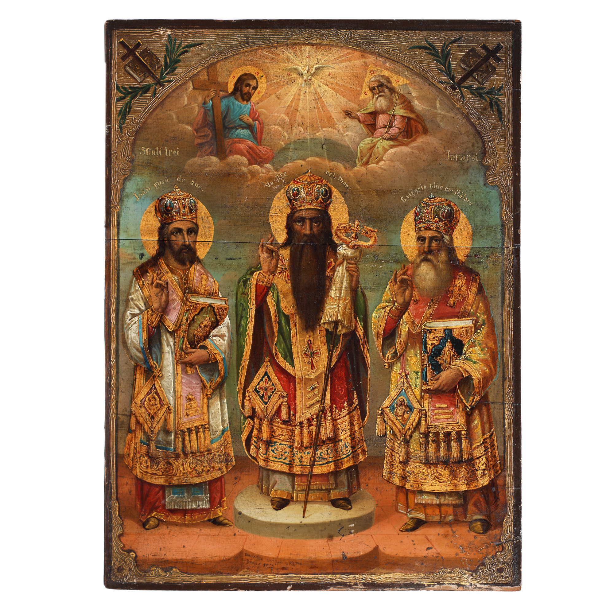 Icoană pe lemn, ”Sfinții Trei Ierarhi (Ioan, Vasile și Grigorie)”, pictor Matache Orășanu, Brăila, 1907, de colecție