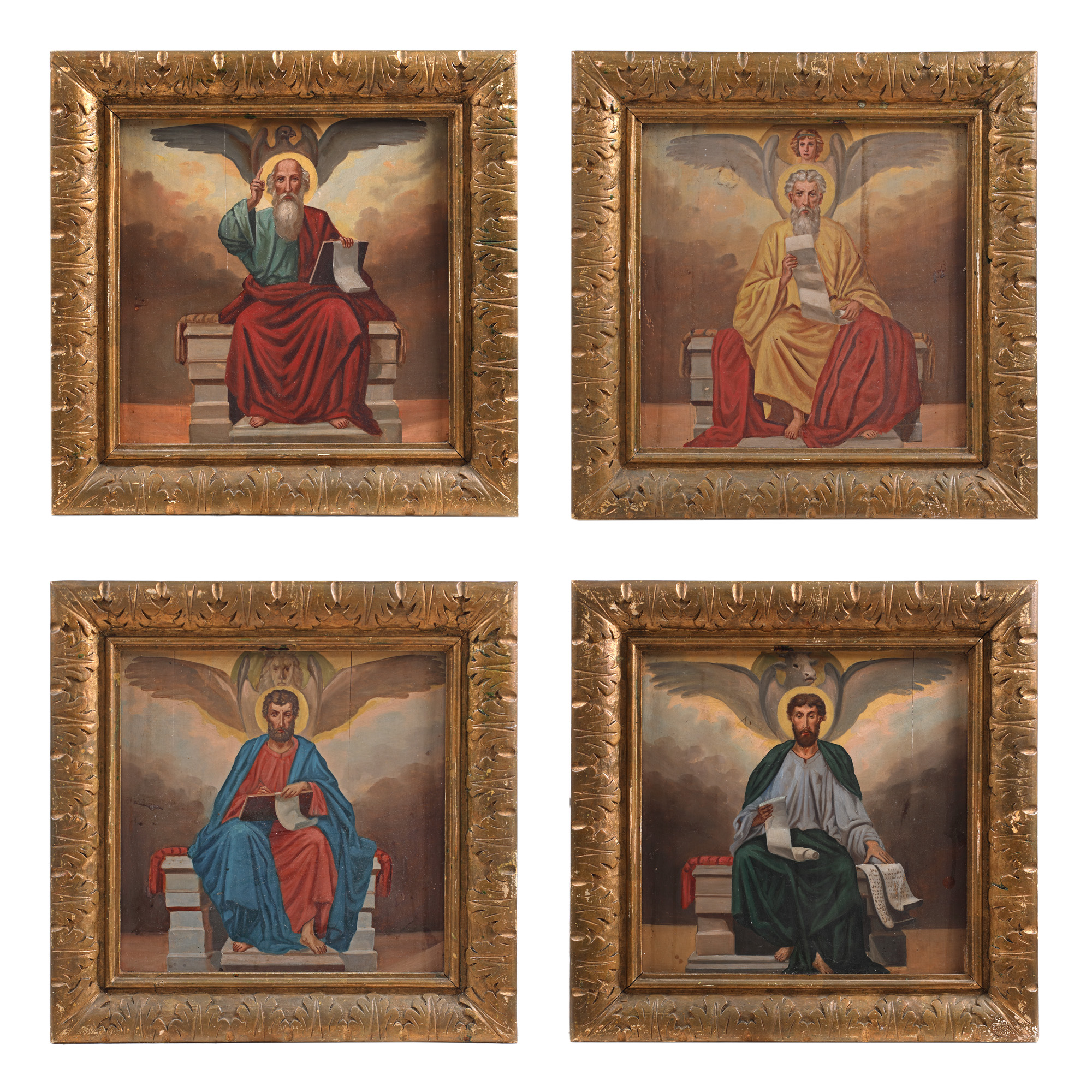 Lot format din patru icoane, ”Sfinții Apostoli și Evangheliști Matei, Marcu, Luca și Ioan”, școală românească, sfârșitul sec. XIX - începutul sec. XX