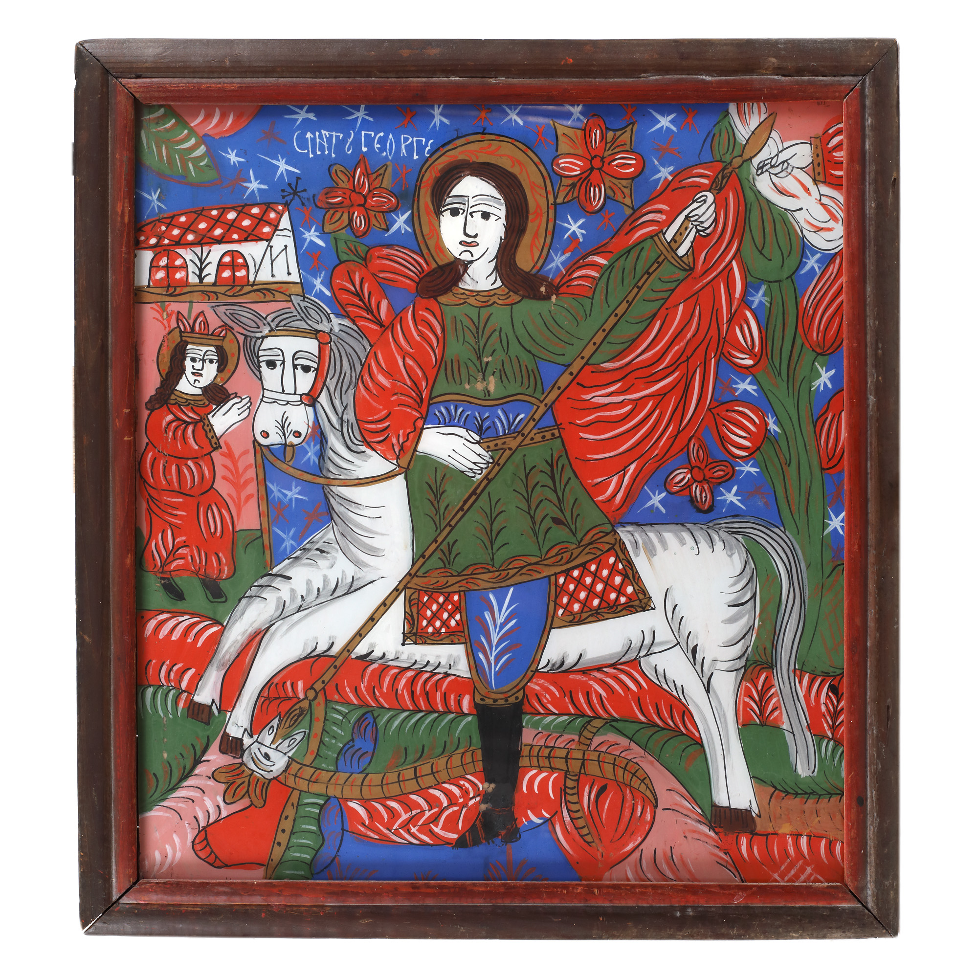 Icoană pe sticlă, ”Sfântul Gheorghe ucigând balaurul”, atelier din Făgăraș, sfârșitul sec. XIX