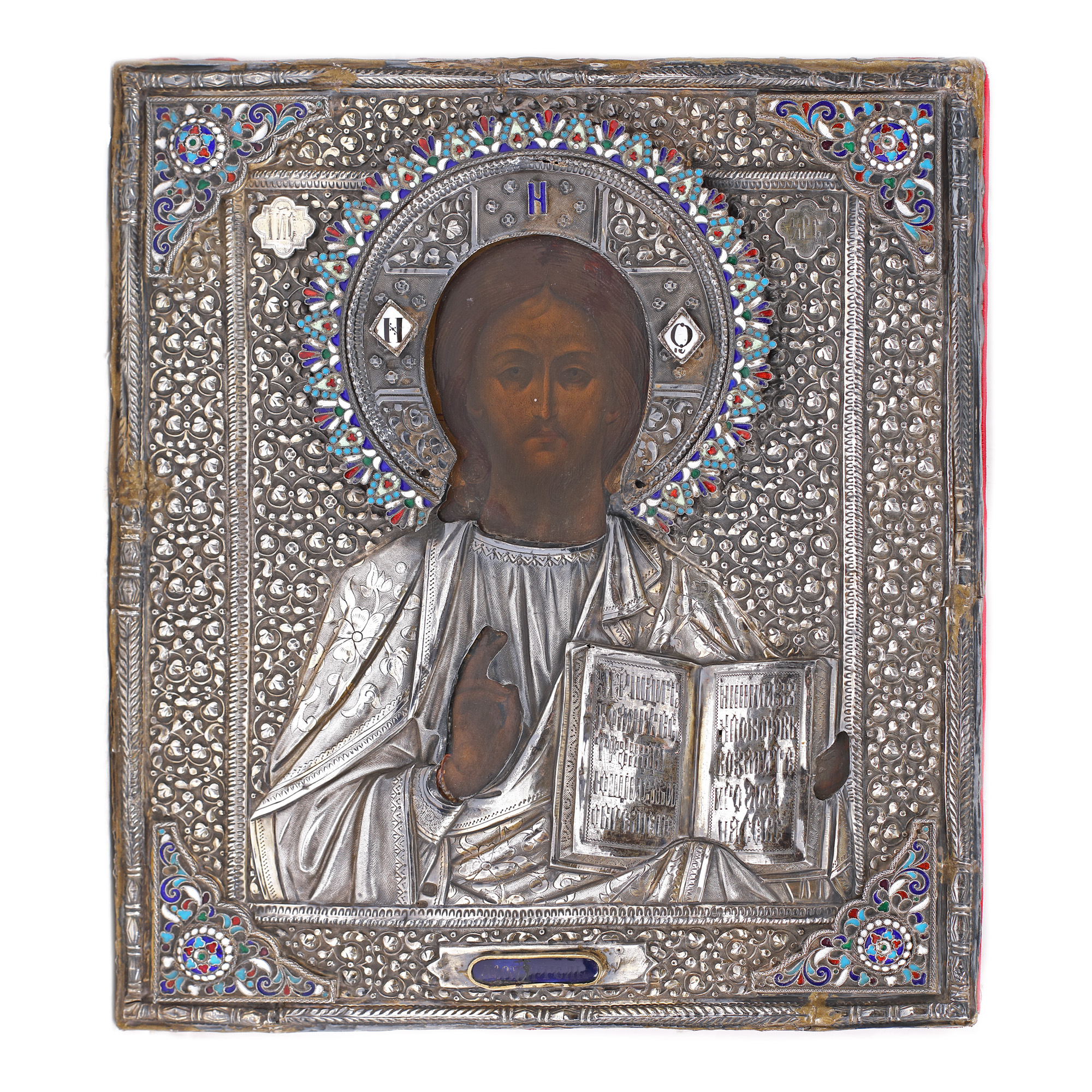 Icon on wood, with silver and enamel ferrule, "Jesus Pantocrator", Russian school, mid-19th century