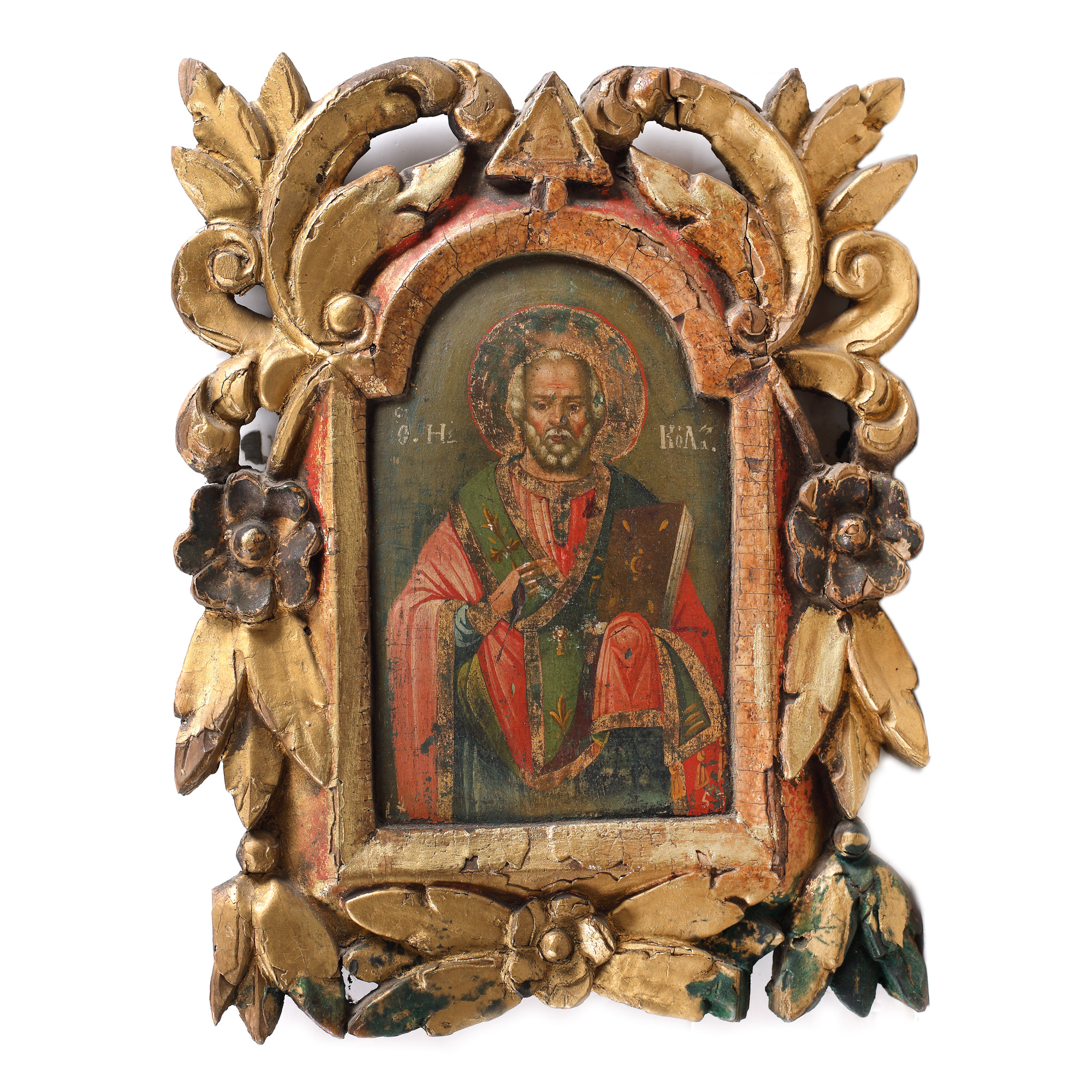 Icon on wood, "Saint Nicholas", carved frame, Romanian school, 185[3], rare item, from the collection of art historian Mircea Deac