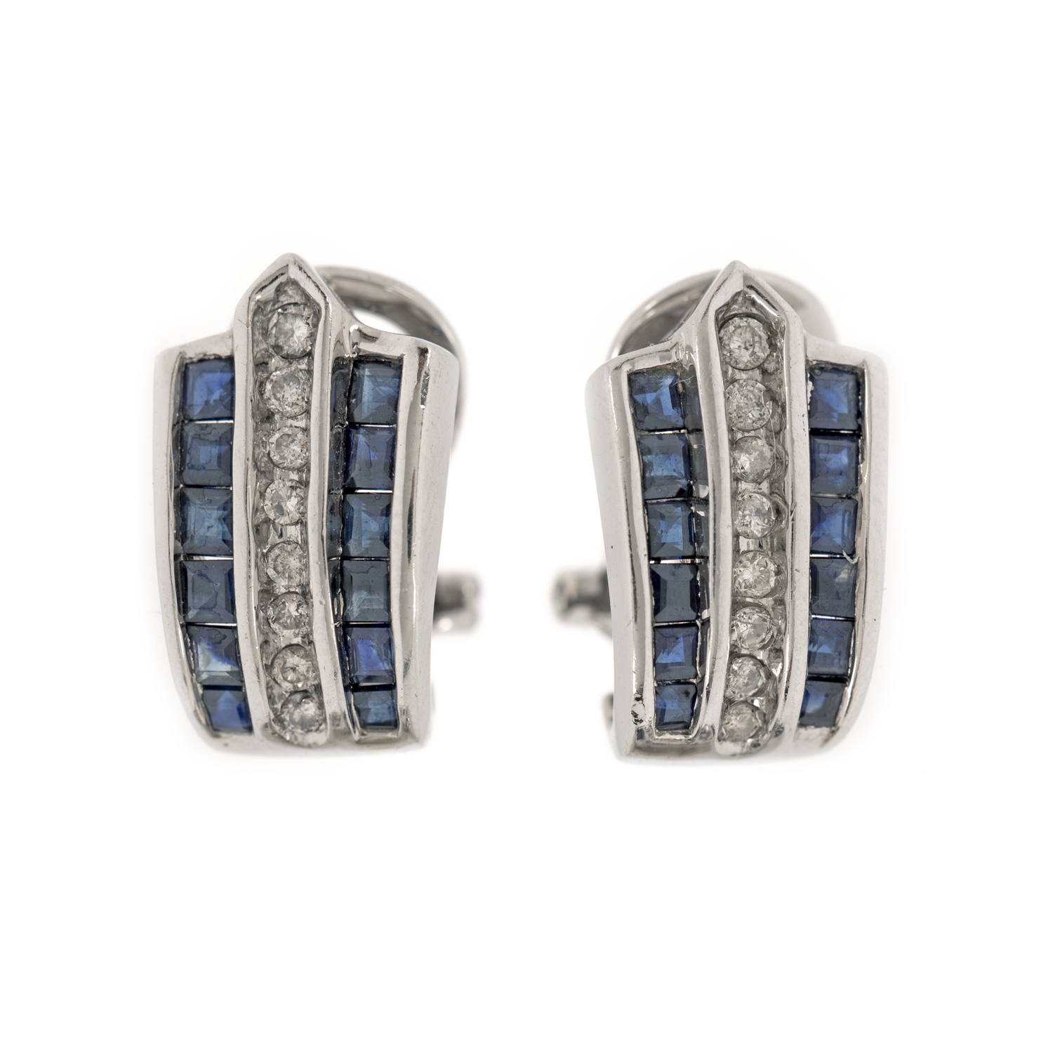 Pair of white gold earrings, decorated with sapphires and diamonds