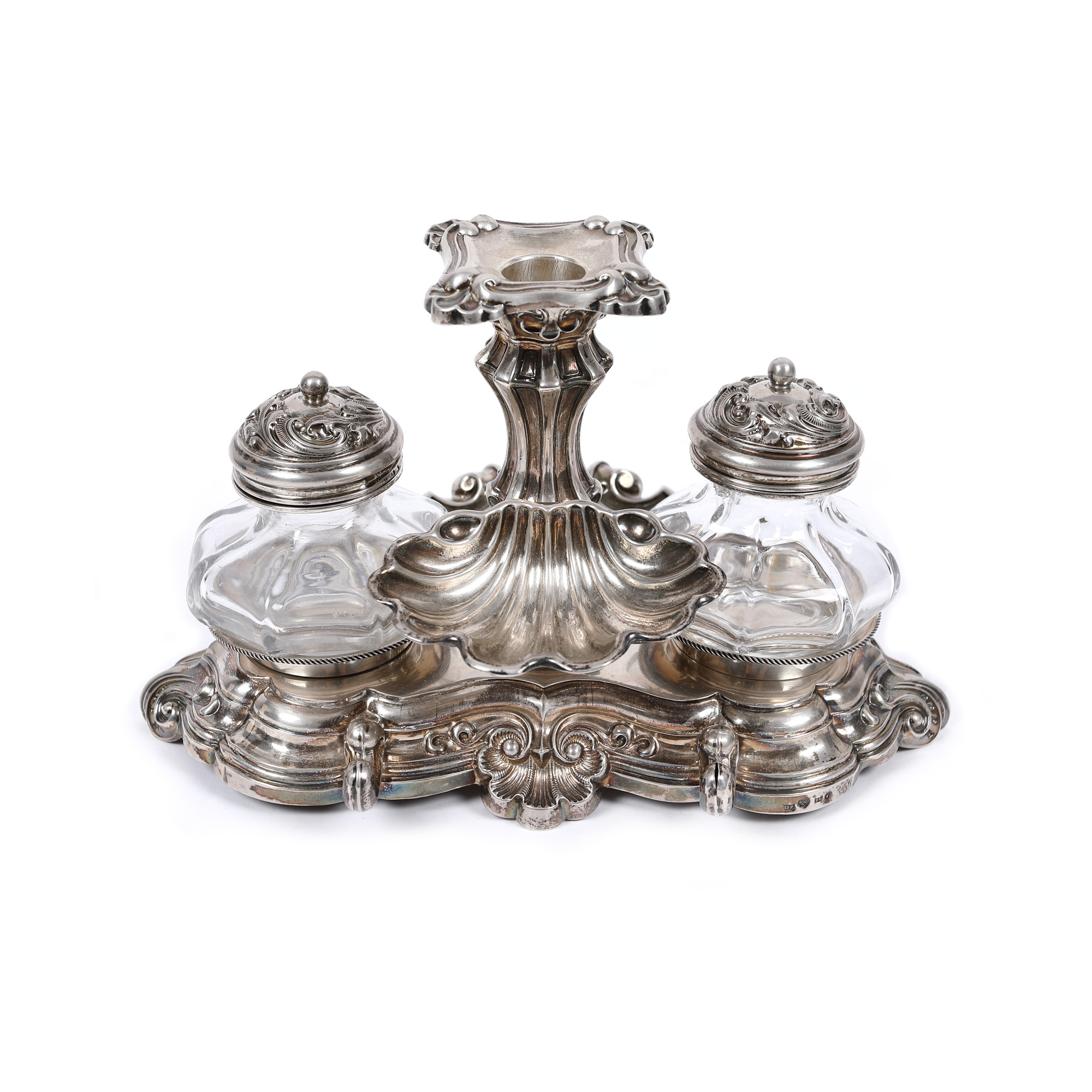 Encrieră din argint, cu recipiente din sticlă, 1856