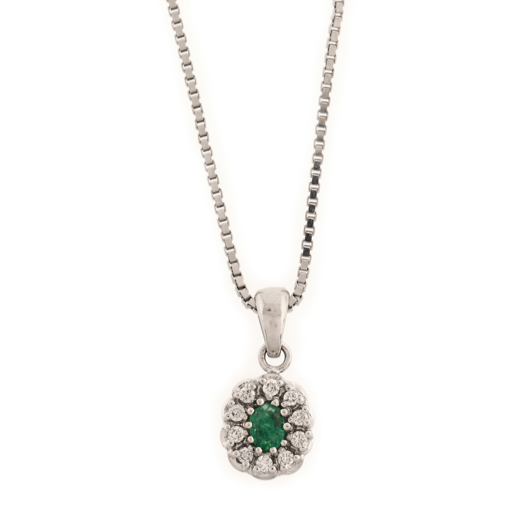 White gold pendant necklace, decorated with diamonds and emerald