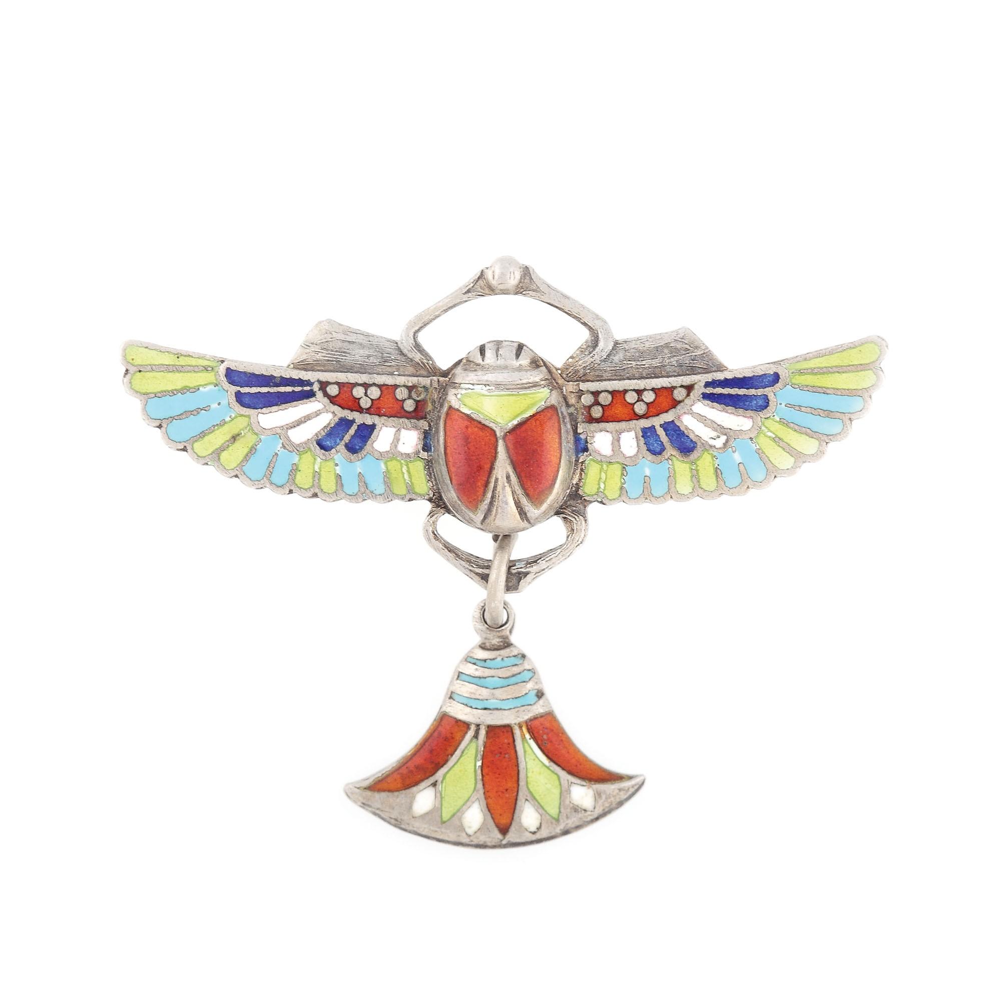 "Scarabeus" - broșă Egyptian Revival din argint, decorată cu email, cca. 1925, piesă rară