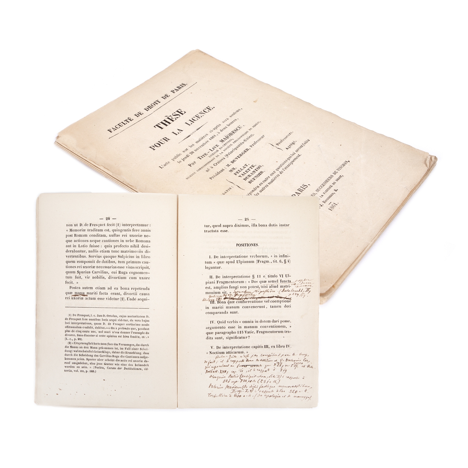 "Teză pentru licență" ("Diploma Thesis"), by Titu Maiorescu, Paris, 1861, with his handwritten additions and corrections, unique, rare piece
