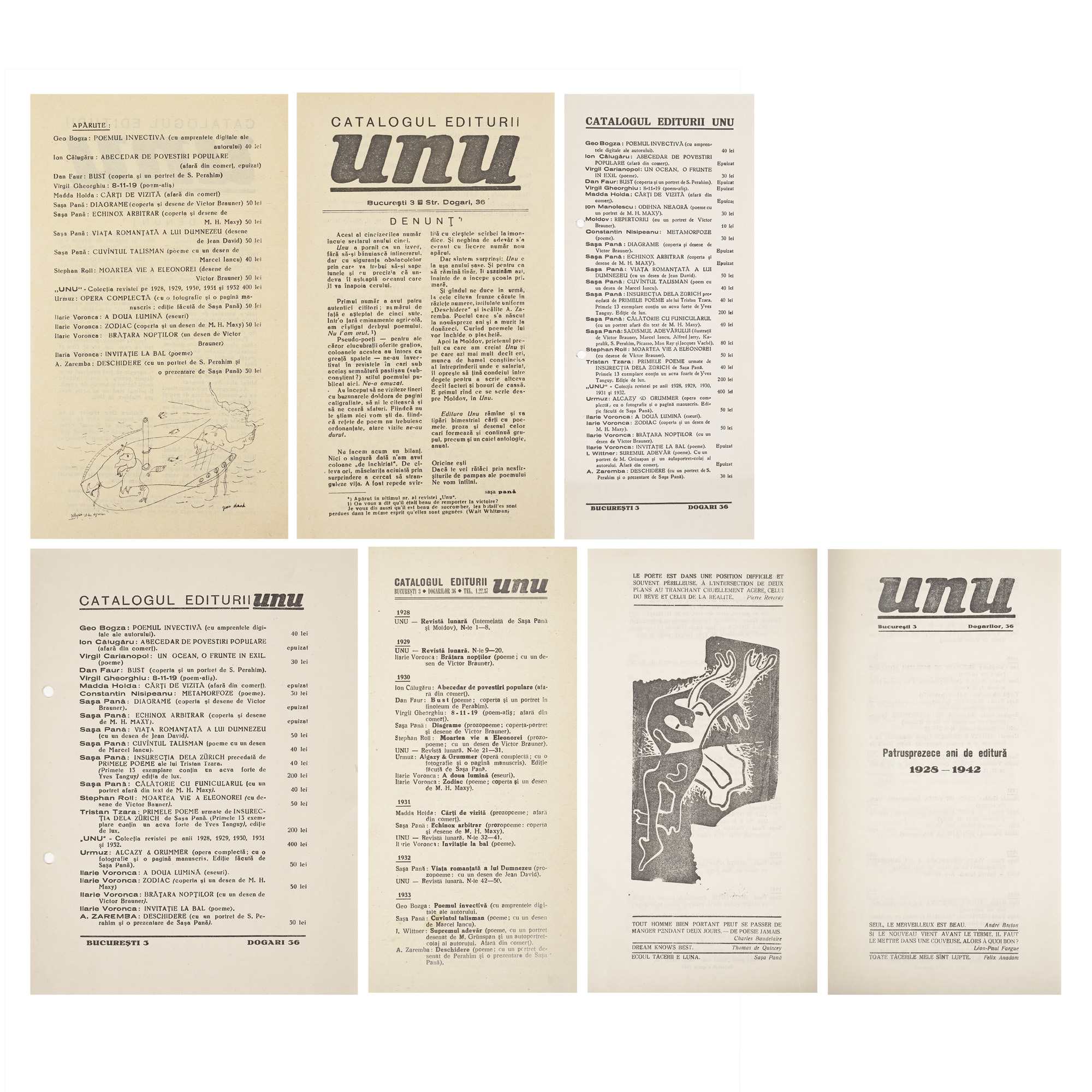 Lot format din cinci cataloage ale editurii de avangardă UNU, anii '30