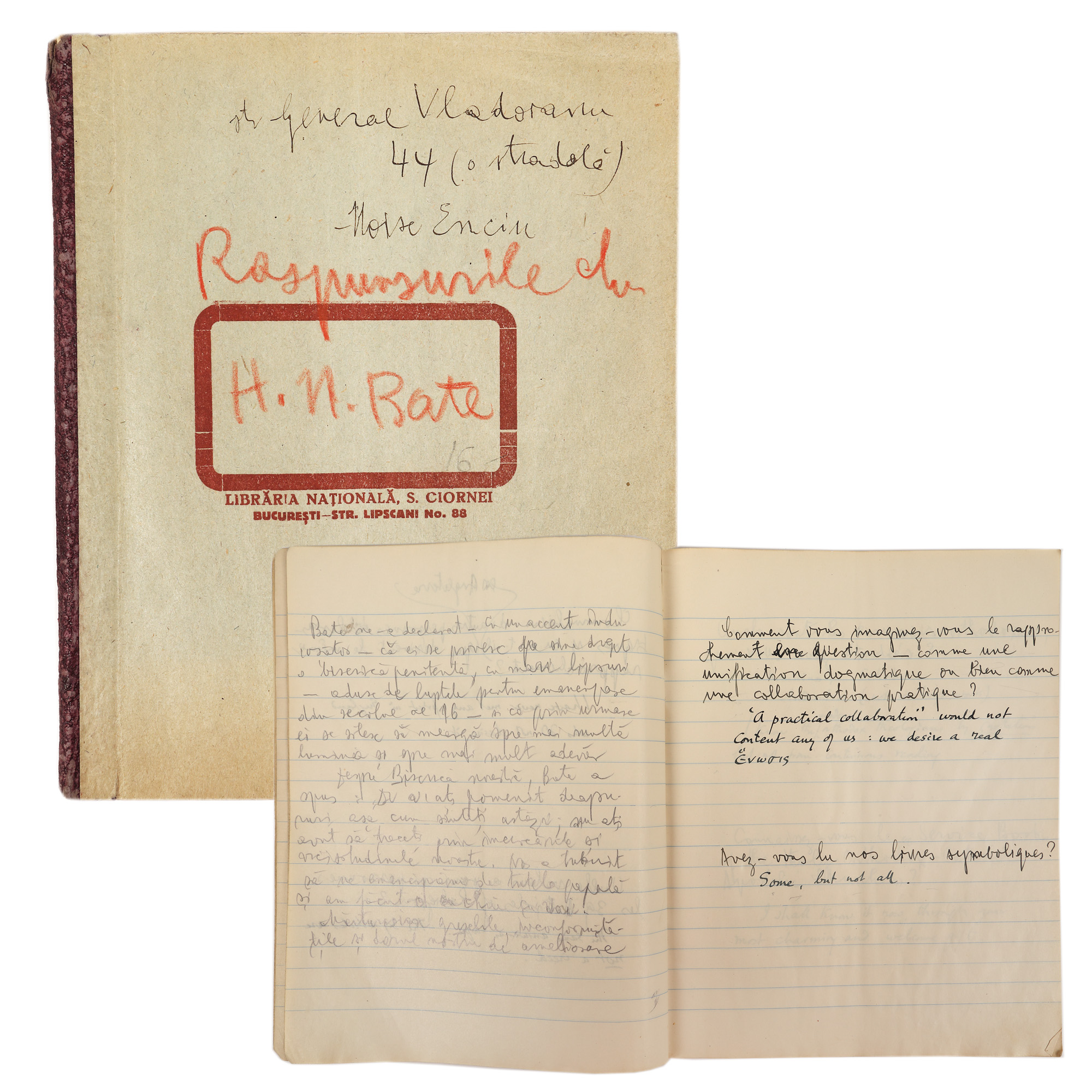 Answers to an interview by Gala Galaction with the Archbishop of York, Herbert Newell Bate, in French and English, 3 October 1924, accompanied by the writer's annotations, from the historical collection Șerban Țuculescu-Maria Galaction