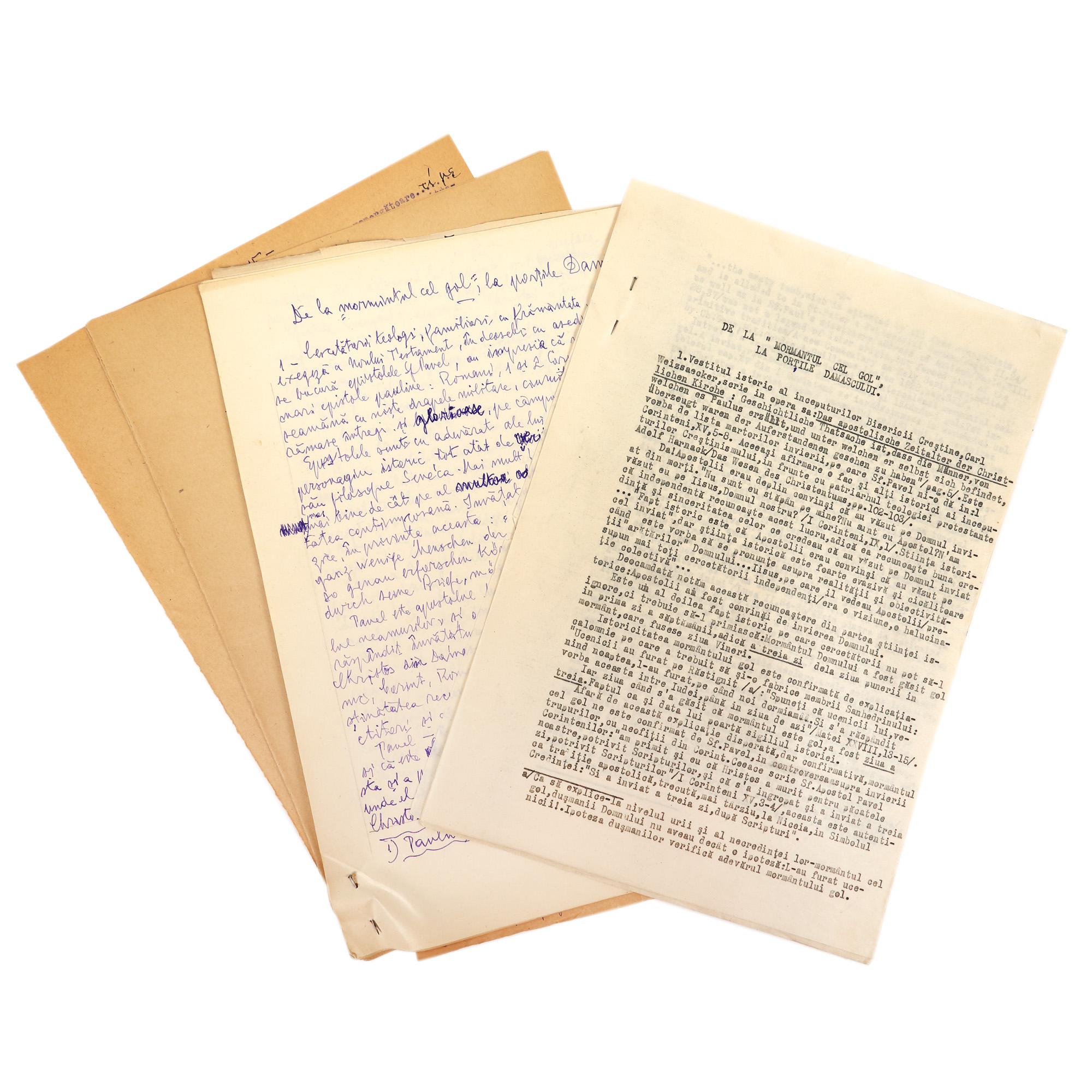 Handwritten and typed manuscript "De la Mormântul cel Gol, la Porțile Damascului" ("From the Empty Tomb to the Gates of Damascus"), by Gala Galaction, with annotations in Greek and Hebrew, cca. 1951 (19 pages), from the historical collection Șerban Țuculescu-Maria Galaction