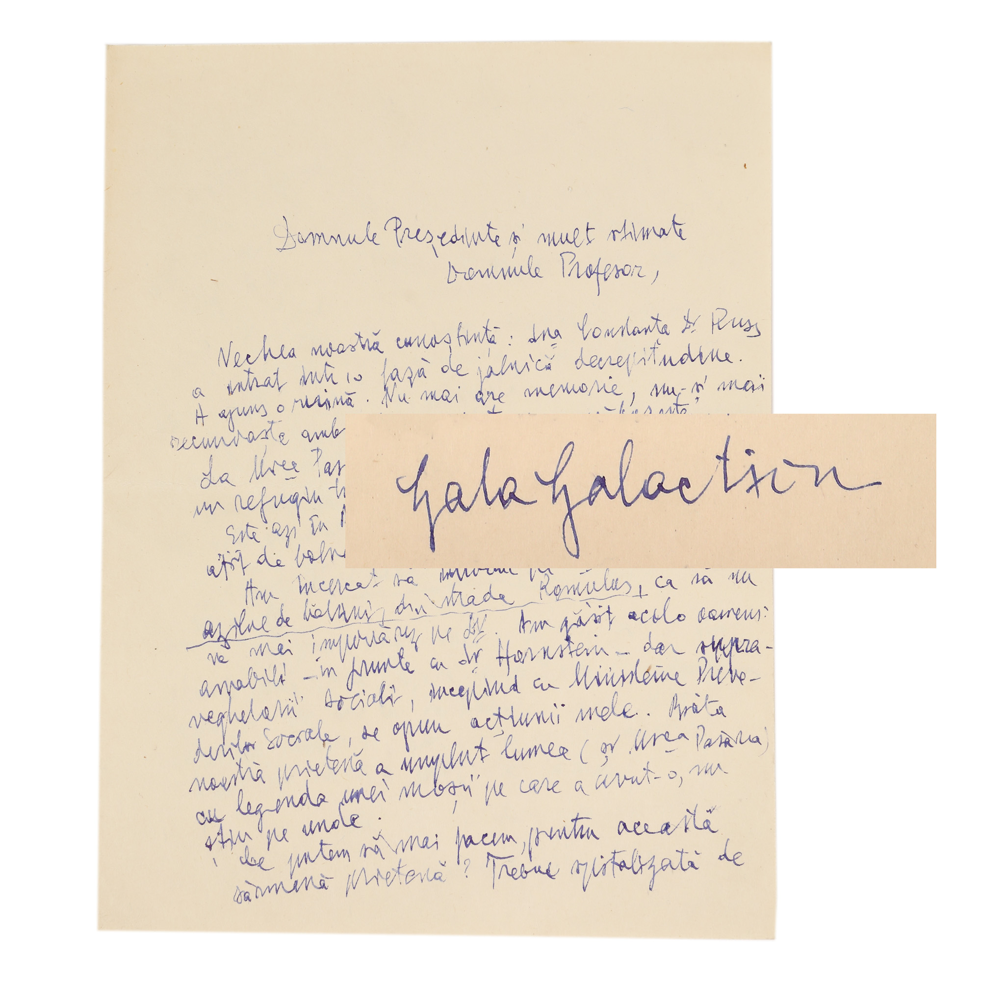 Scrisoare trimisă de Gala Galaction către Constantin I. Parhon, cu semnătura olografă a teologului, cca. 1950, provine din colecția istorică Șerban Țuculescu-Maria Galaction (2 file)