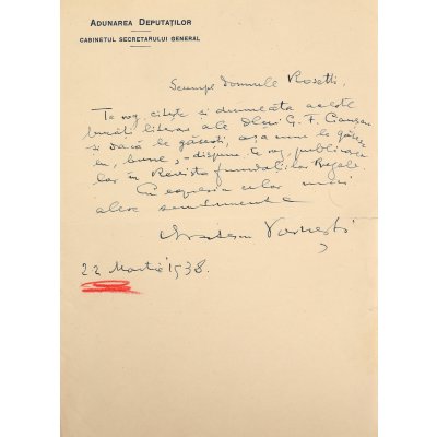 Letter sent by Ioan Alexandru Brătescu-Voinești to Alexandru Rosetti, on the letterhead of the Assembly of Deputies, 22 March 1938, from the historical collection Șerban Țuculescu-Maria Galaction (1 page)