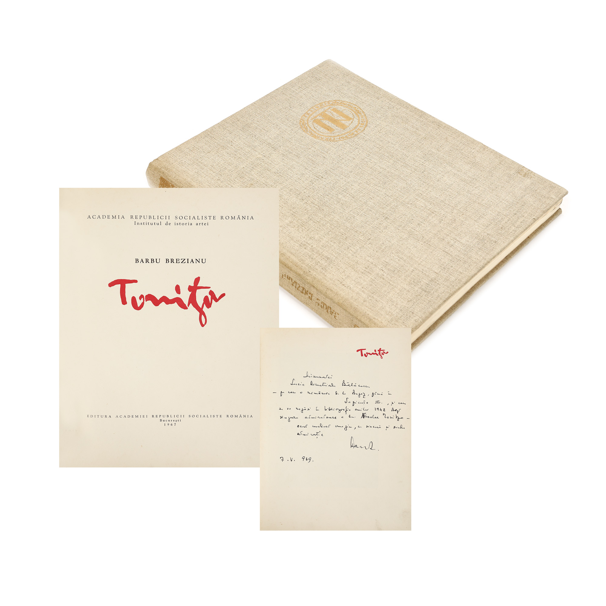 ”Tonitza”, de Barbu Brezianu, București, 1967, cu dedicația și semnătura olografă a autorului către Lucia Demetriade Bălăcescu