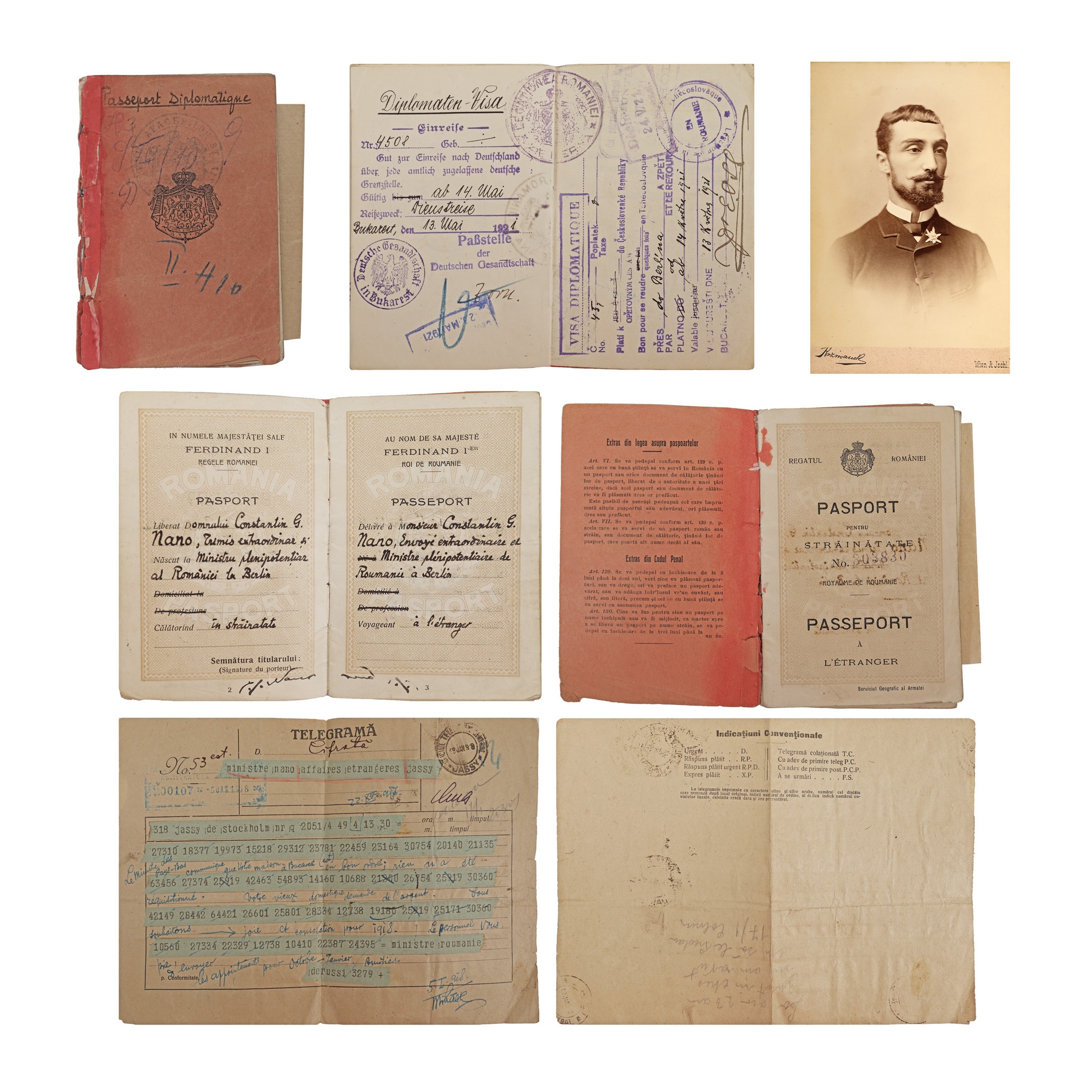 Lot consisting of correspondence (telegram and letter) between Ion I.C. Brătianu and Constantin Nanu and the photograph and diplomatic passport of the latter, 1918-1921