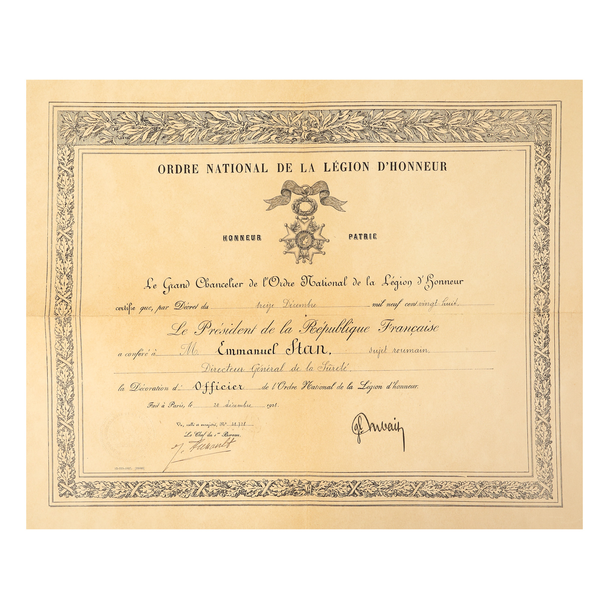 Brevet de acordare al ordinului Legiunii de Onoare, acordată lui Emanuel Stan, directorul general al Siguranței Statului, 1928